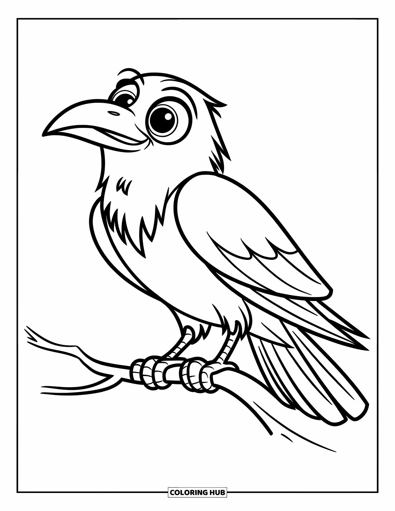 Raven Coloring Page for Kids: A cute raven with a big eye stands on a thin curved branch