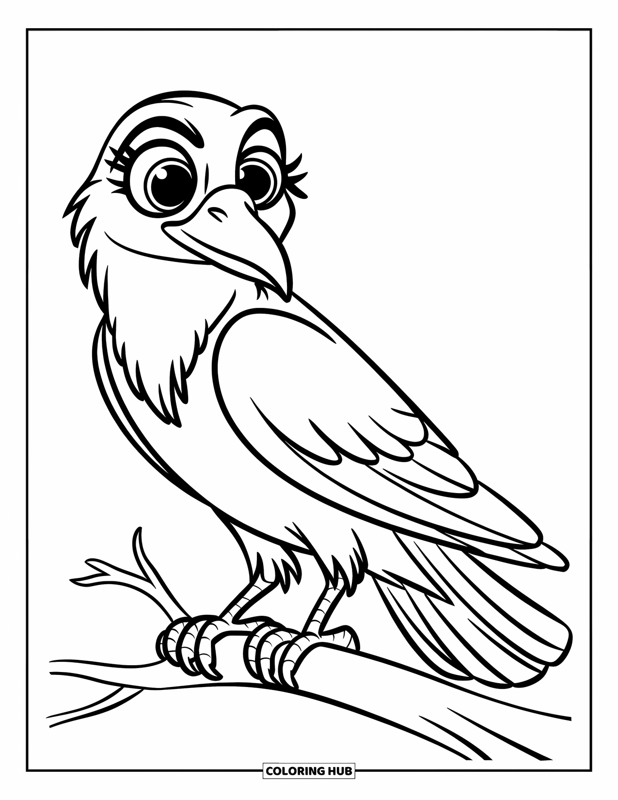 Raven Coloring Page for Kids: A cute raven with bold lines and a big eye balances on a branch