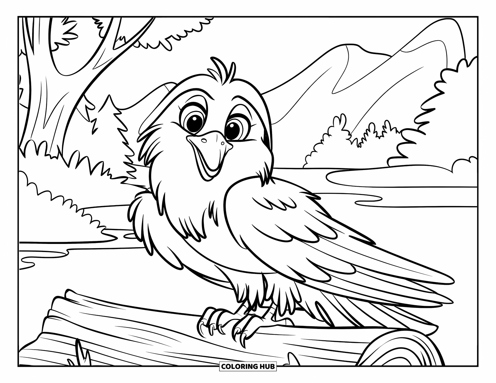 Raven Coloring Page for Kids: A fluffy raven rests on a log near water and mountain views