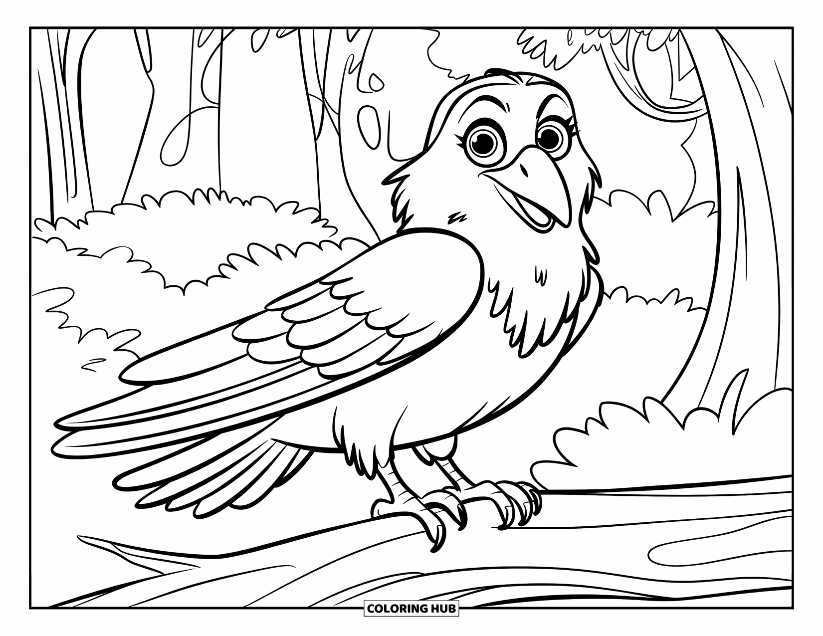 Raven Coloring Page for Kids: A fluffy raven with big eyes rests on a log in the woods