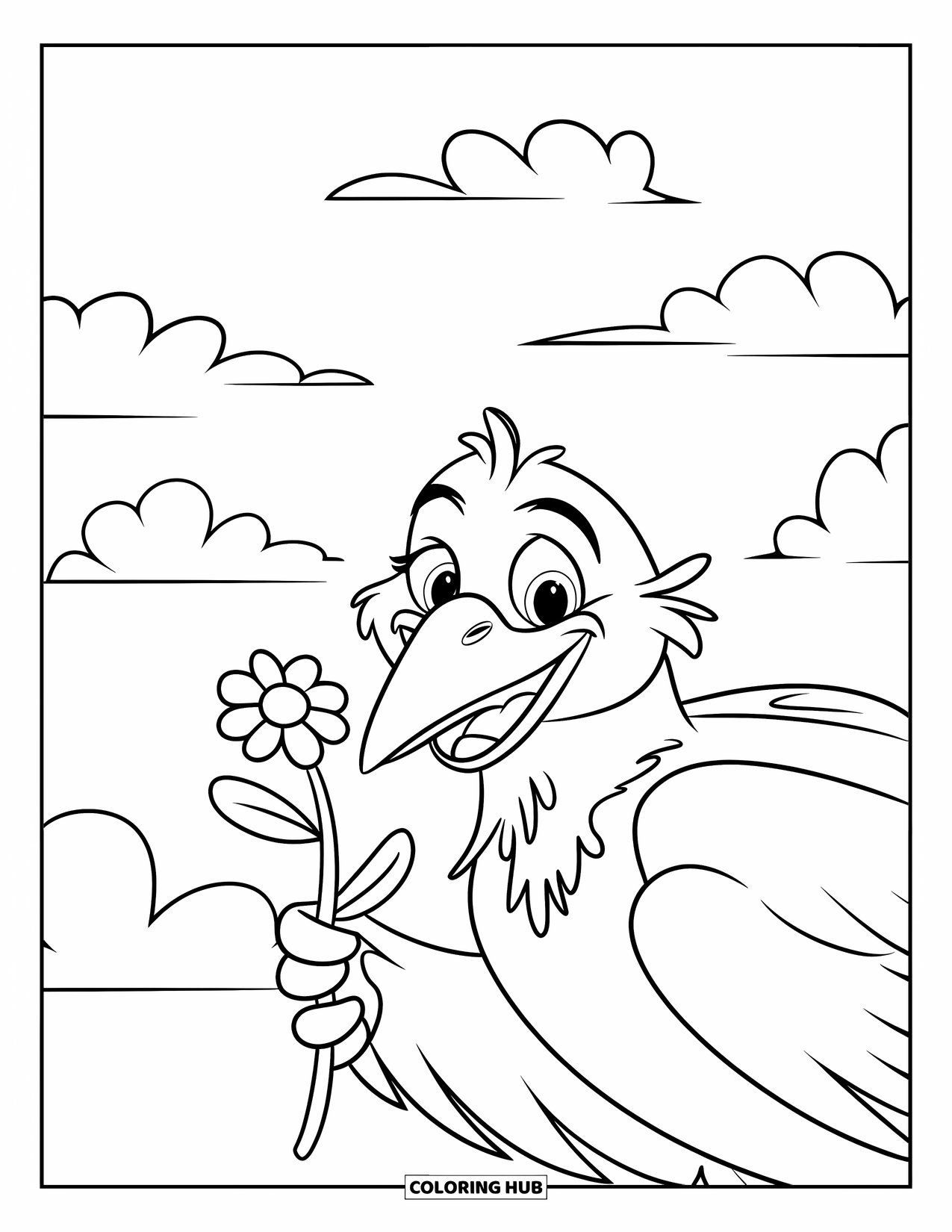 Raven Coloring Page for Kids: A happy raven gently holds a flower while flying through soft clouds