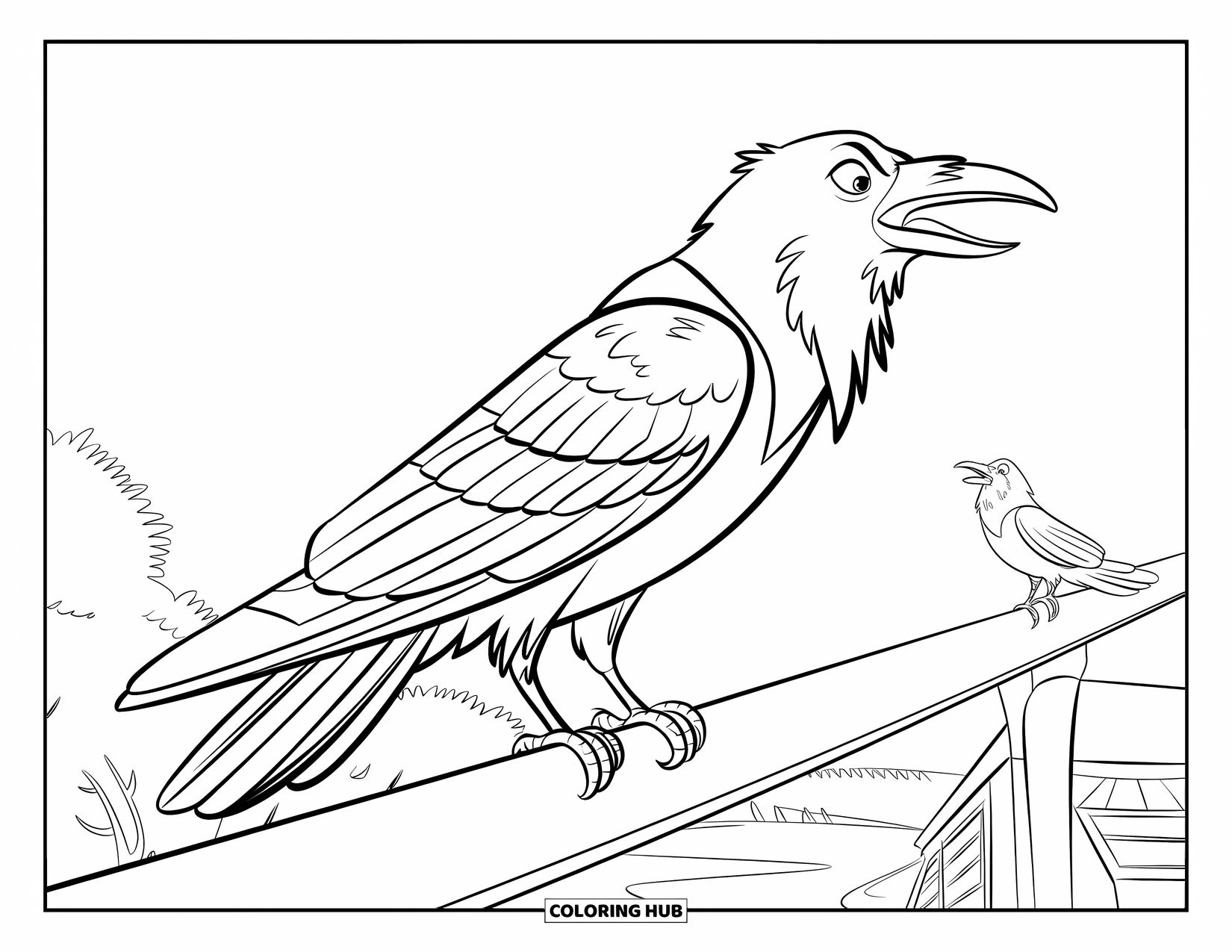 Raven Coloring Page for Kids: A perched raven calls to another above trees and a small building