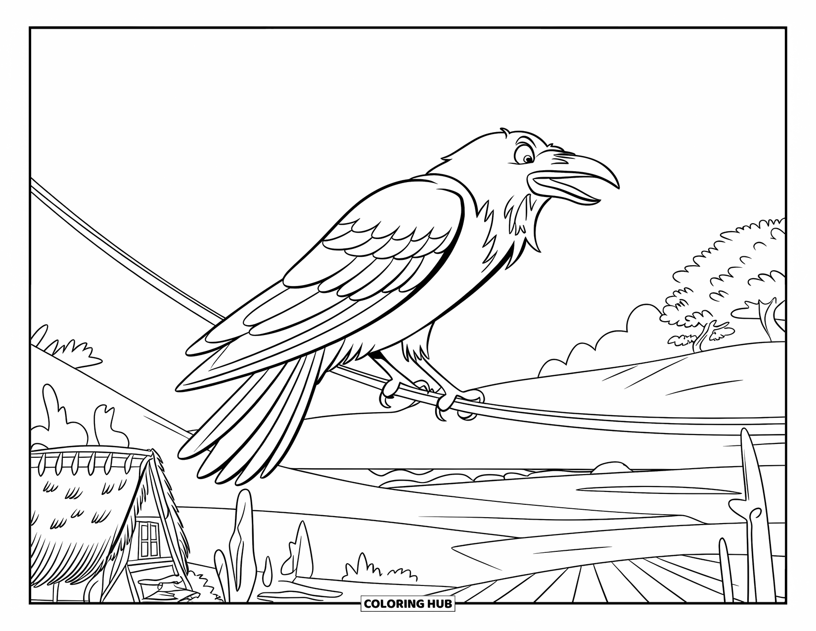 Raven Coloring Page for Kids: A raven calls from a telephone wire over a peaceful countryside