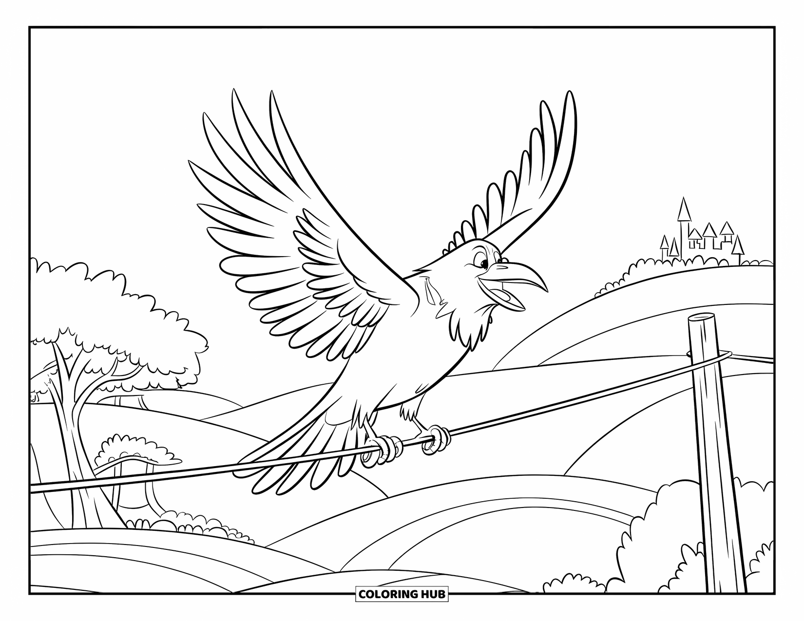 Raven Coloring Page for Kids: A raven calls out from a wire above hills and a distant castle