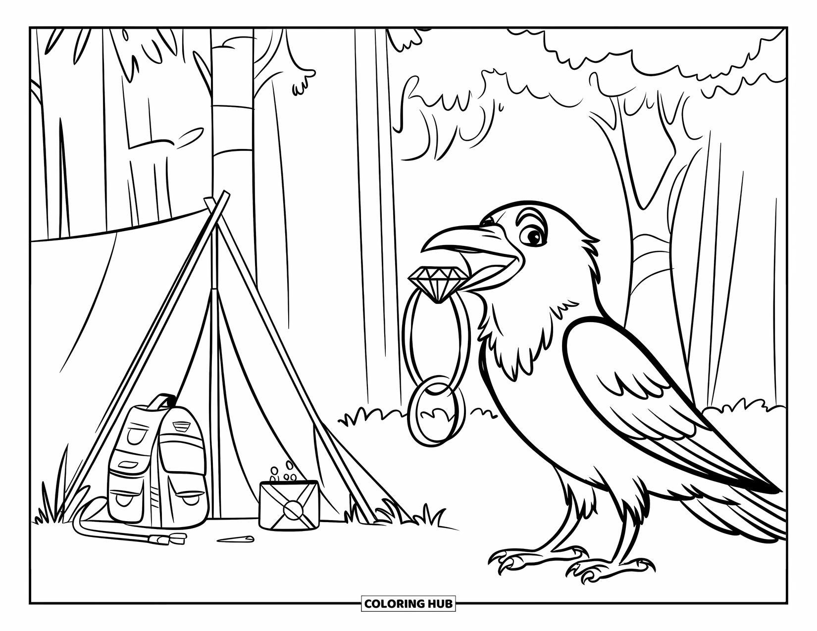 Raven Coloring Page for Kids: A raven clutches a shiny ring beside a tent and old camping gear