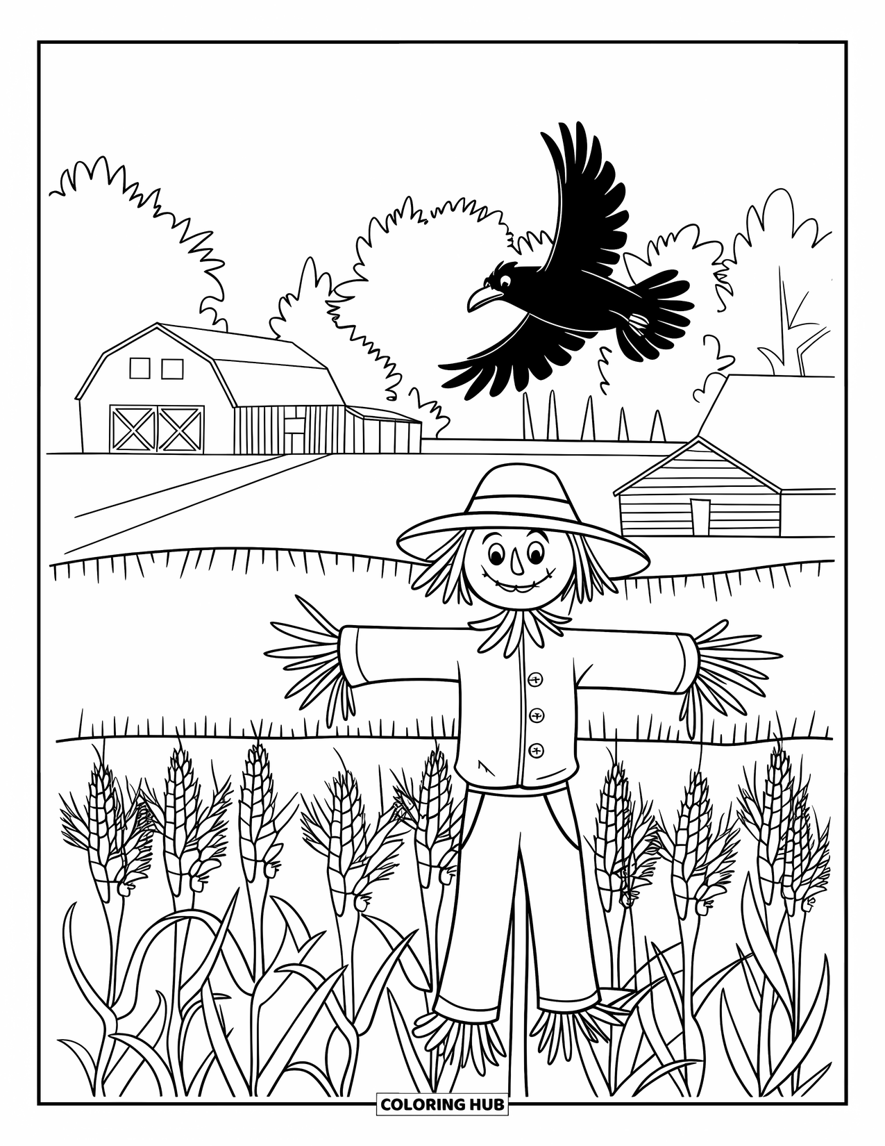 Raven Coloring Page for Kids: A raven flies above a barn and scarecrow in a cornfield