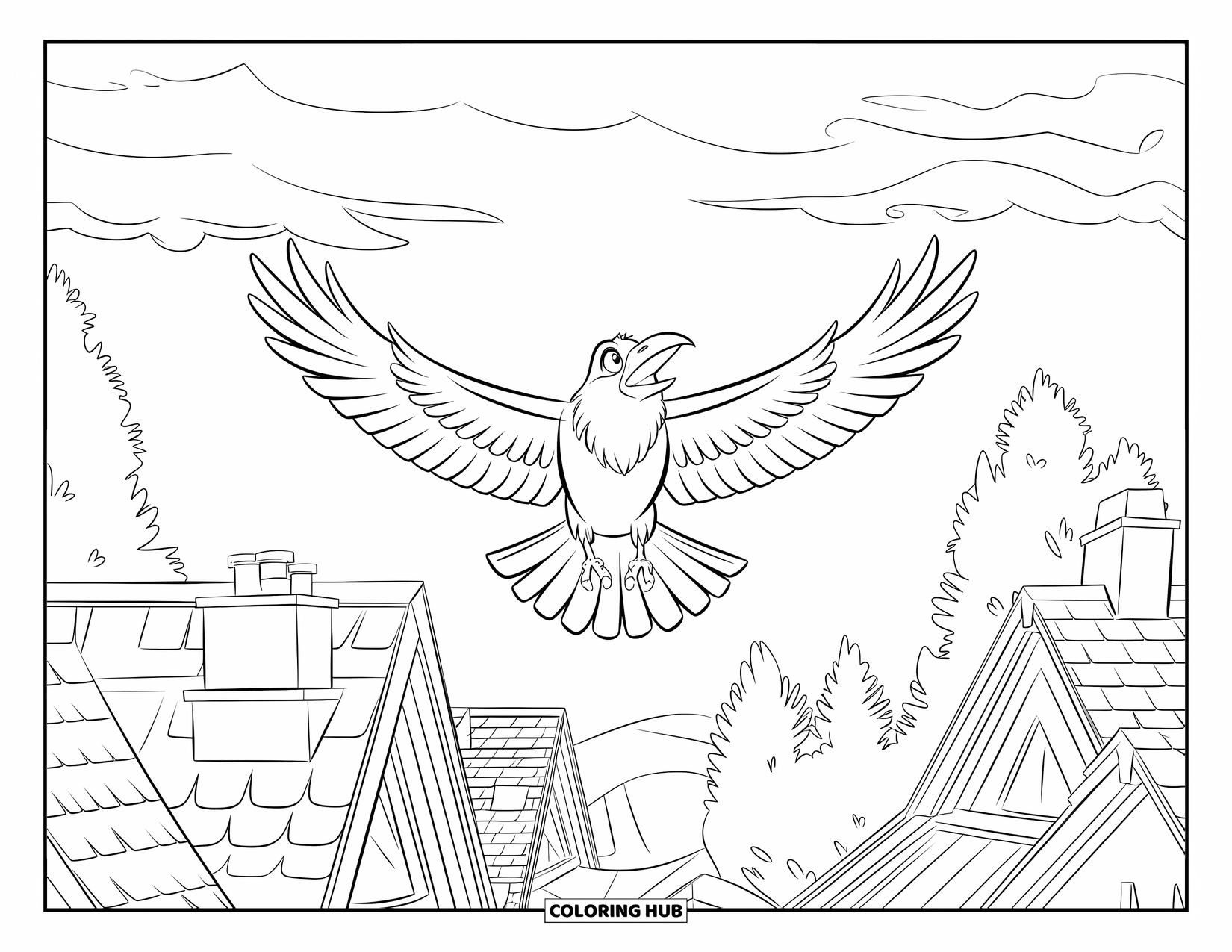 Raven Coloring Page for Kids: A raven flies across village rooftops under a cloudy sky