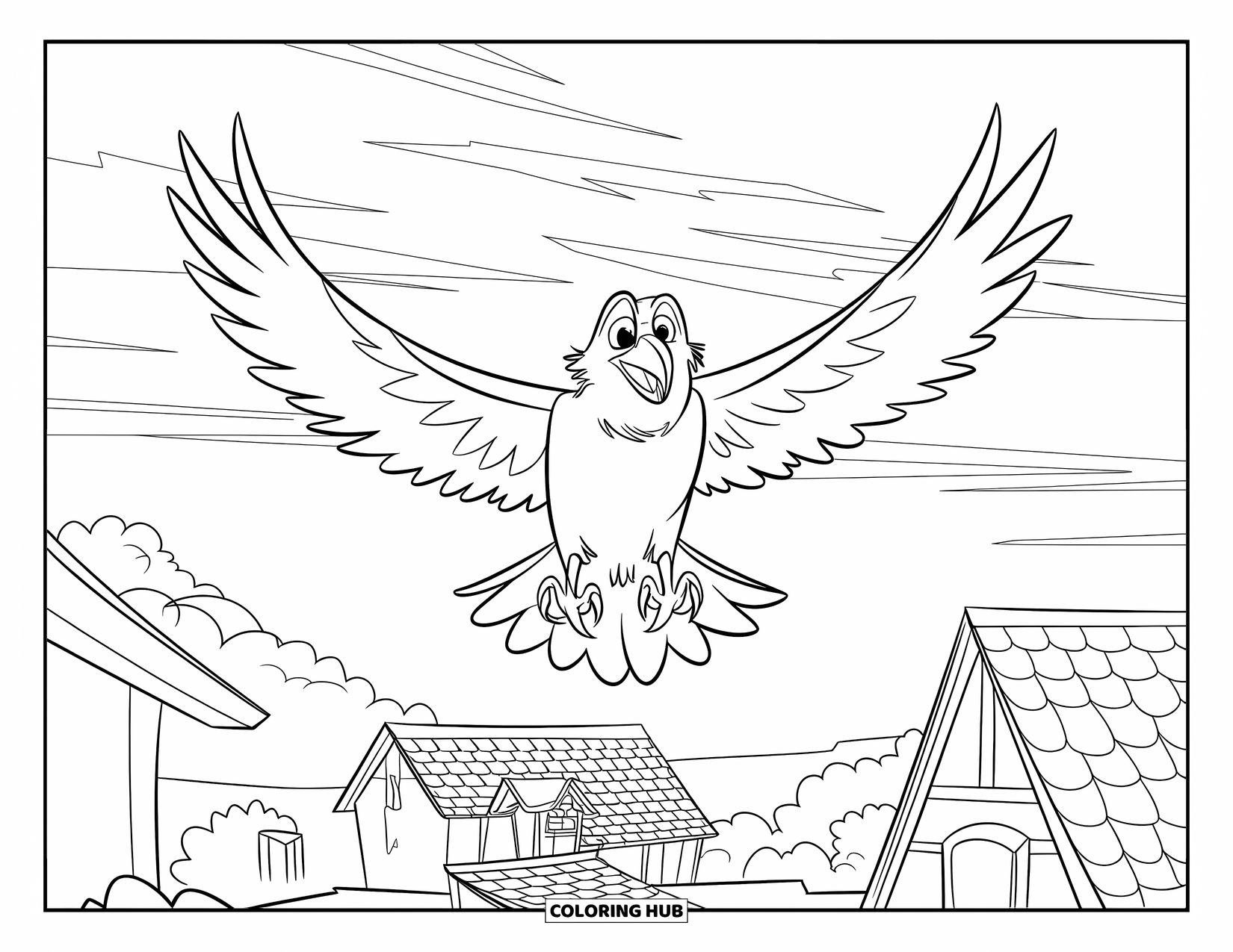 Raven Coloring Page for Kids: A raven flies between rooftops in a quiet village with a clear sky