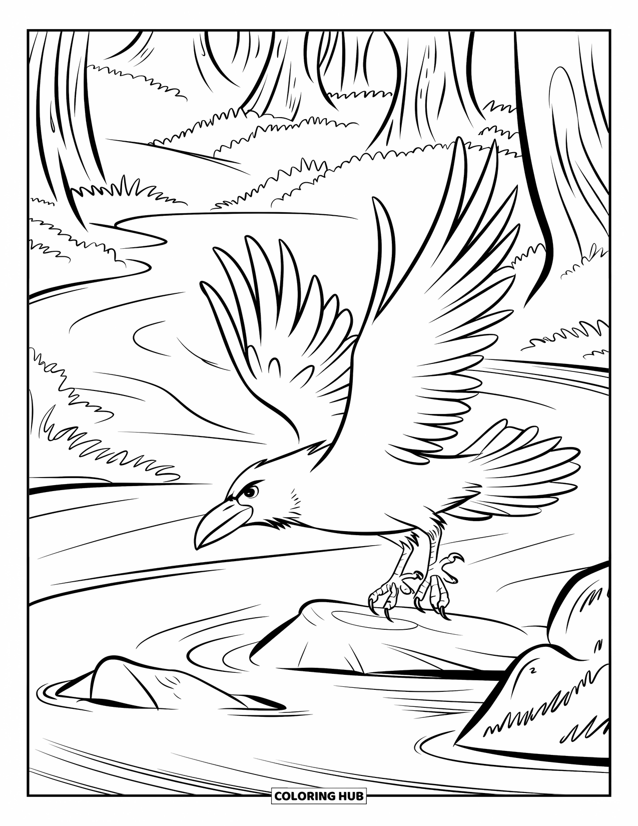 Raven Coloring Page for Kids: A raven flies over a rocky stream toward a landing spot