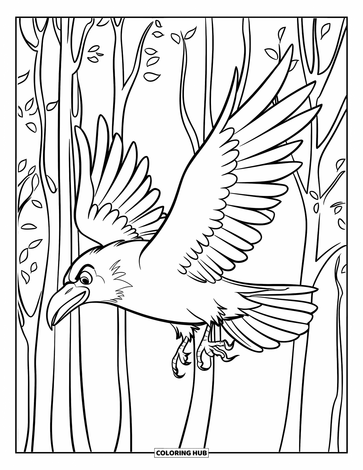 Raven Coloring Page for Kids: A raven flies through tall, sparse trees in a quiet forest