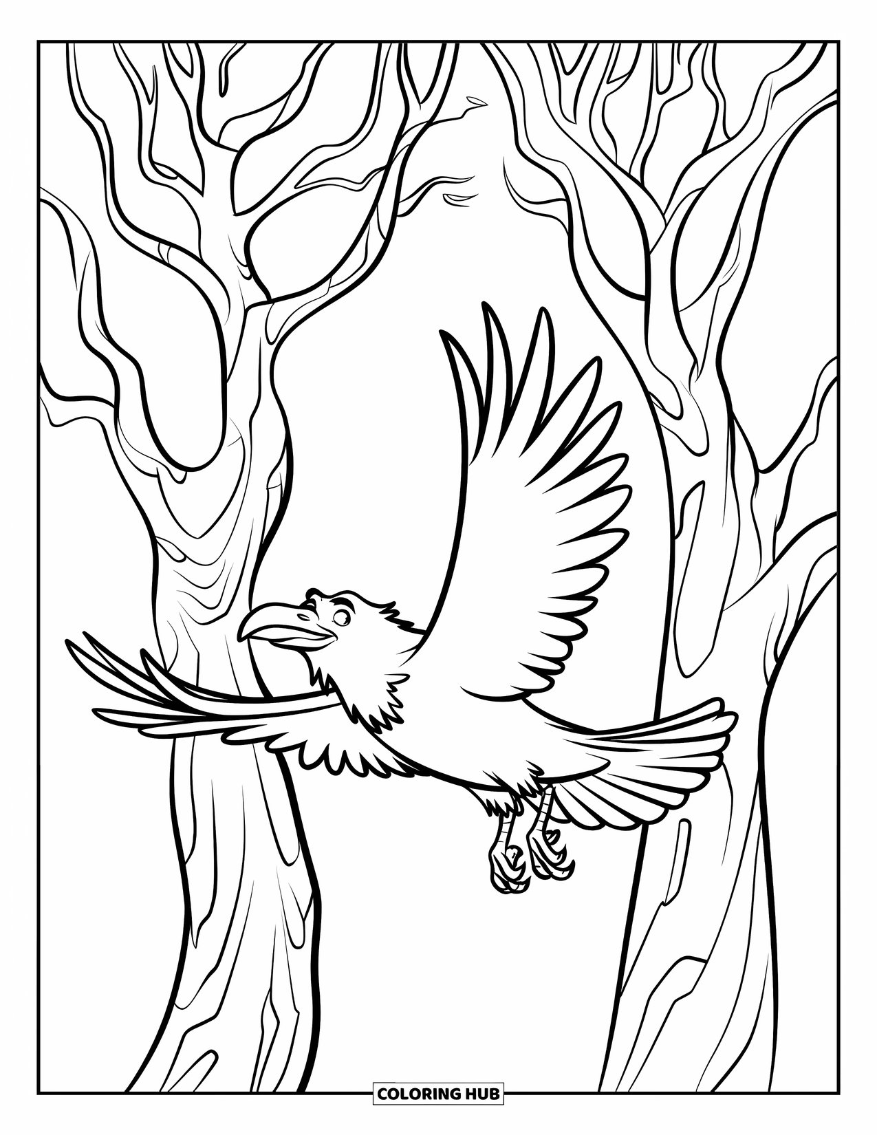 Raven Coloring Page for Kids: A raven glides past twisted trees in a nearly empty forest