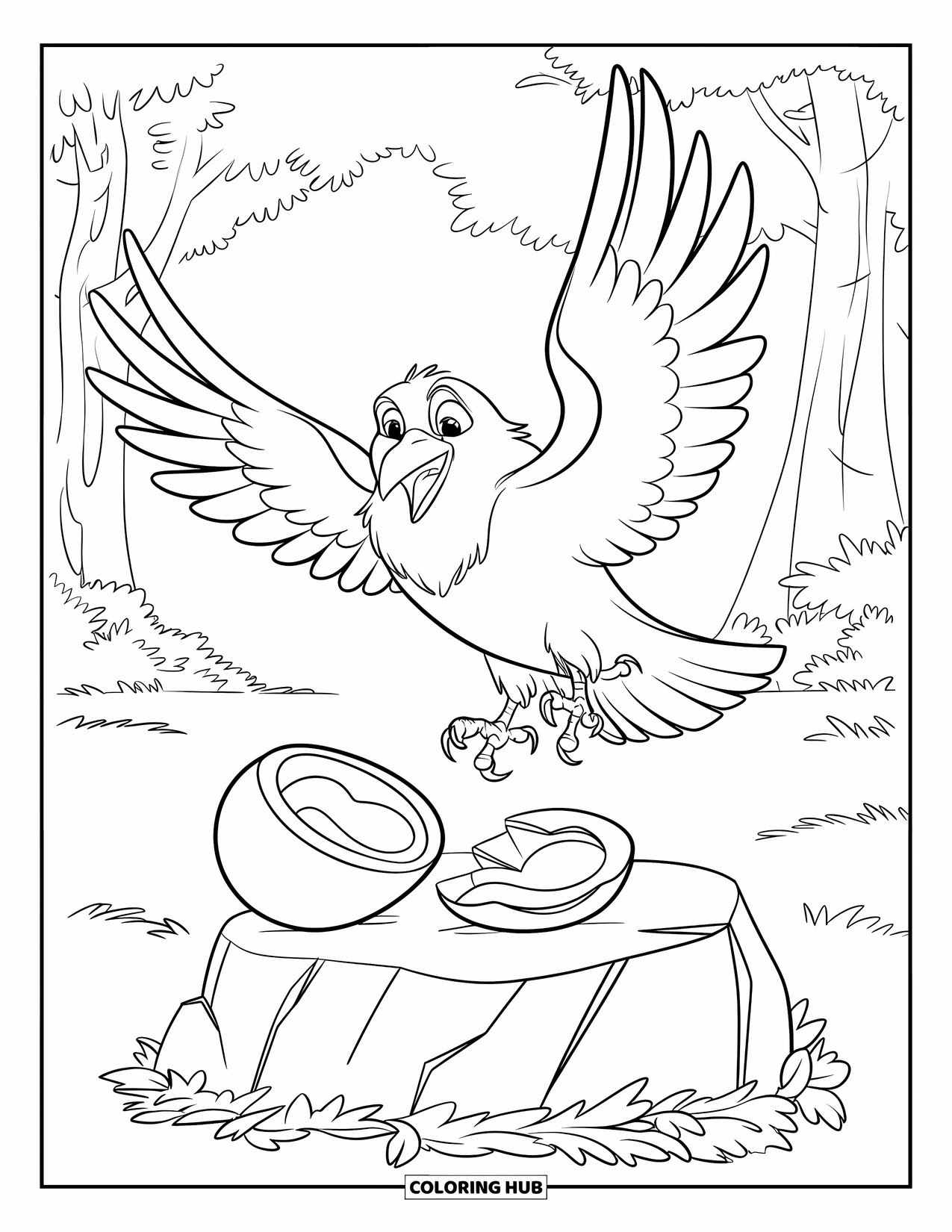 Raven Coloring Page for Kids: A raven lands beside a cracked nut resting on a forest boulder