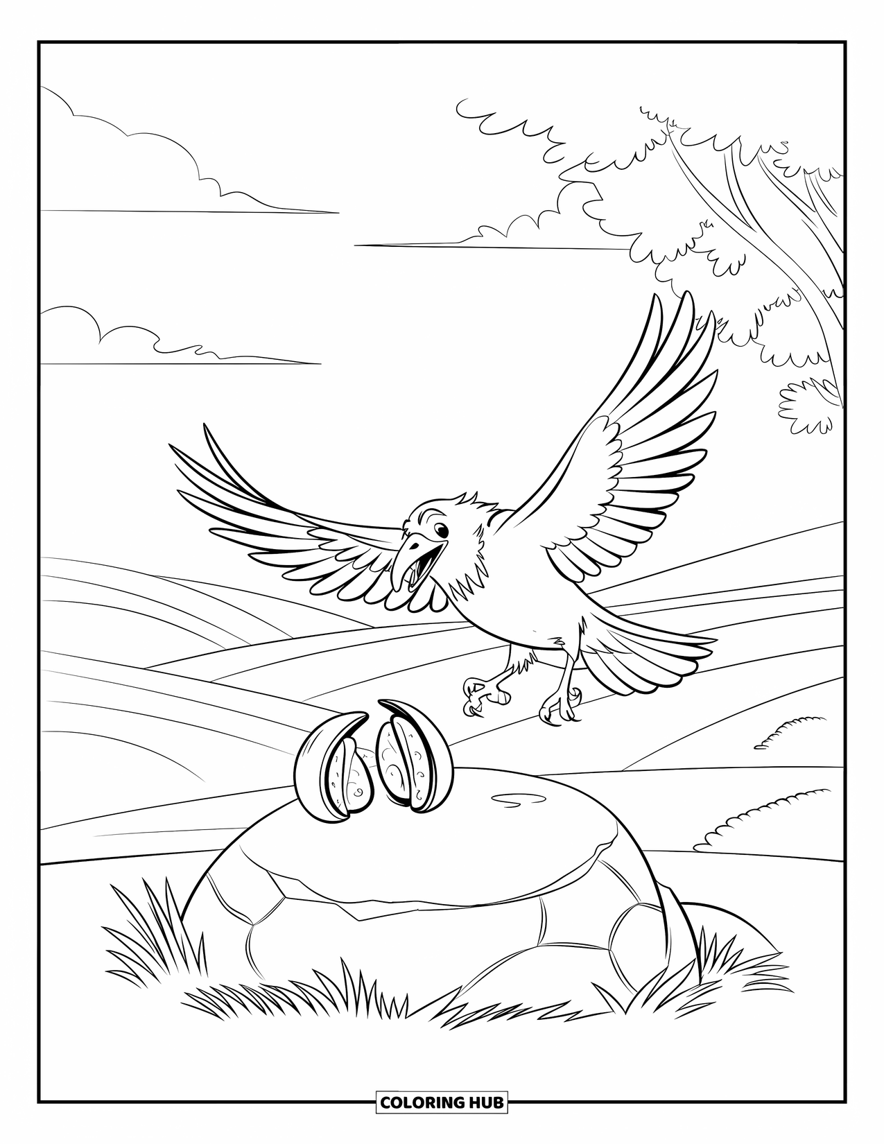 Raven Coloring Page for Kids: A raven lands near a nut by a tree in peaceful hills