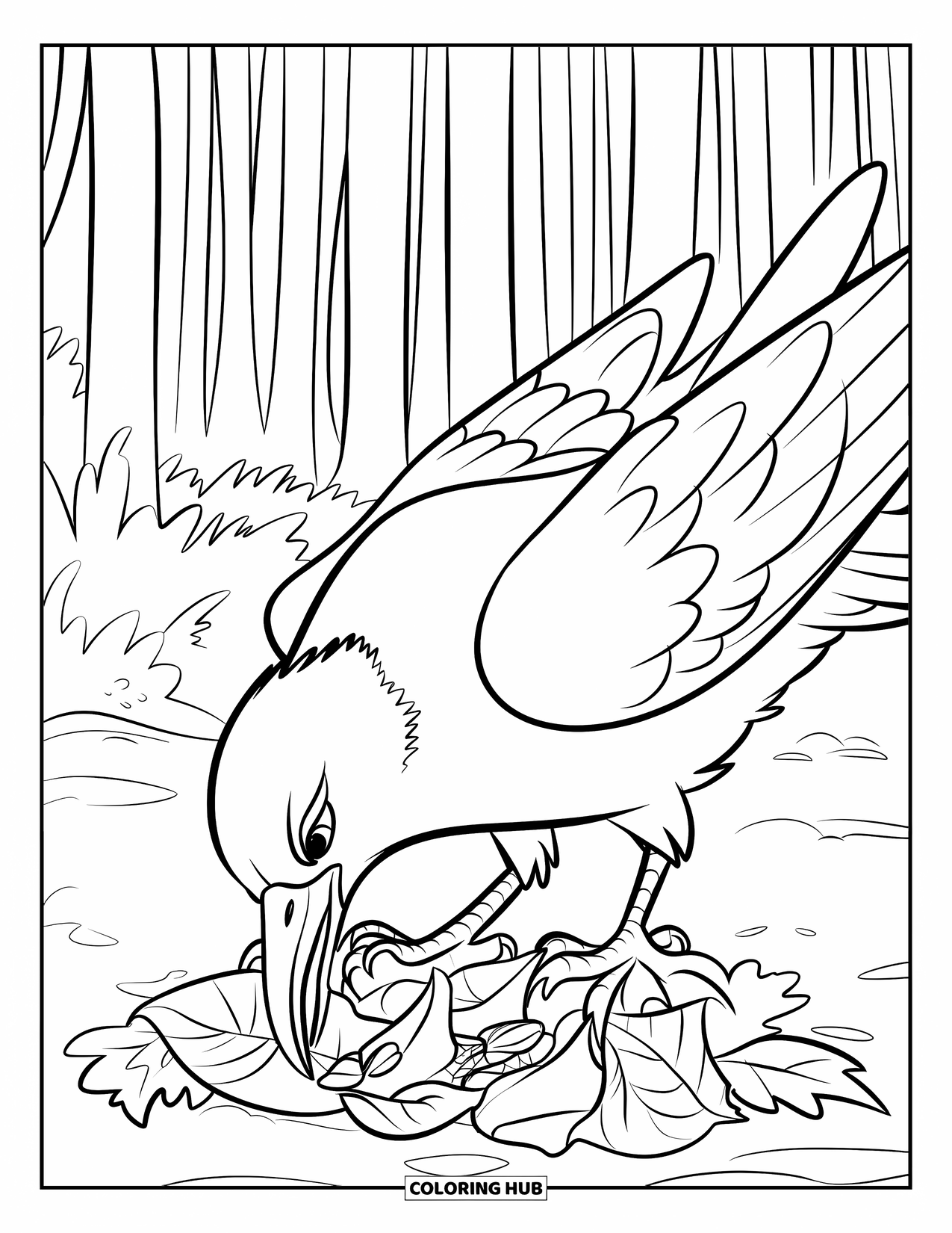 Raven Coloring Page for Kids: A raven pecks through leaves searching for insects on the forest floor