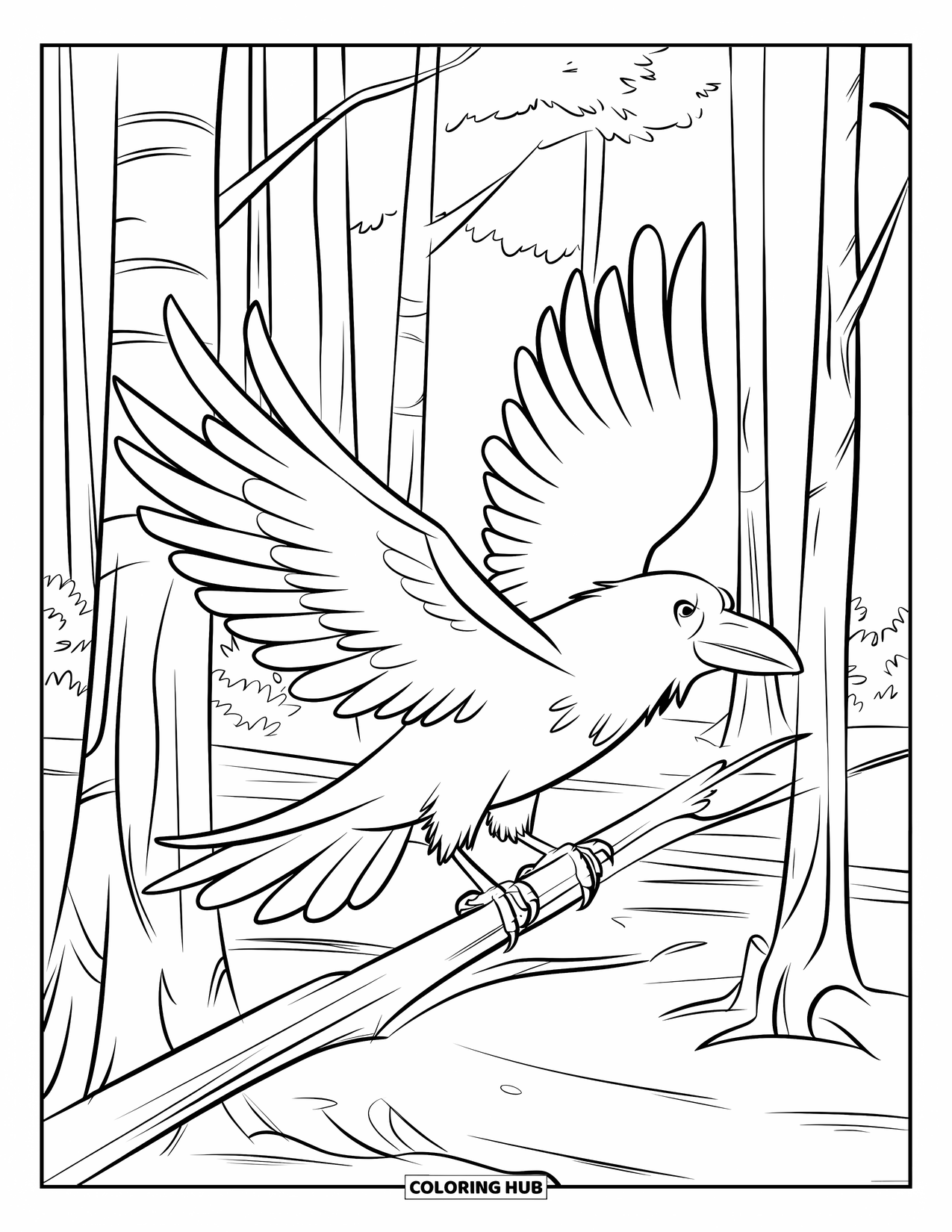 Raven Coloring Page for Kids: A raven rests on a branch above scattered leaves and tall trunks