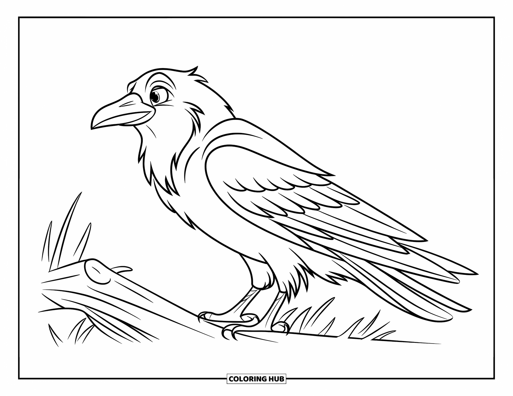 Raven Coloring Page for Kids: A raven sits beside a fallen log, watching the forest quietly