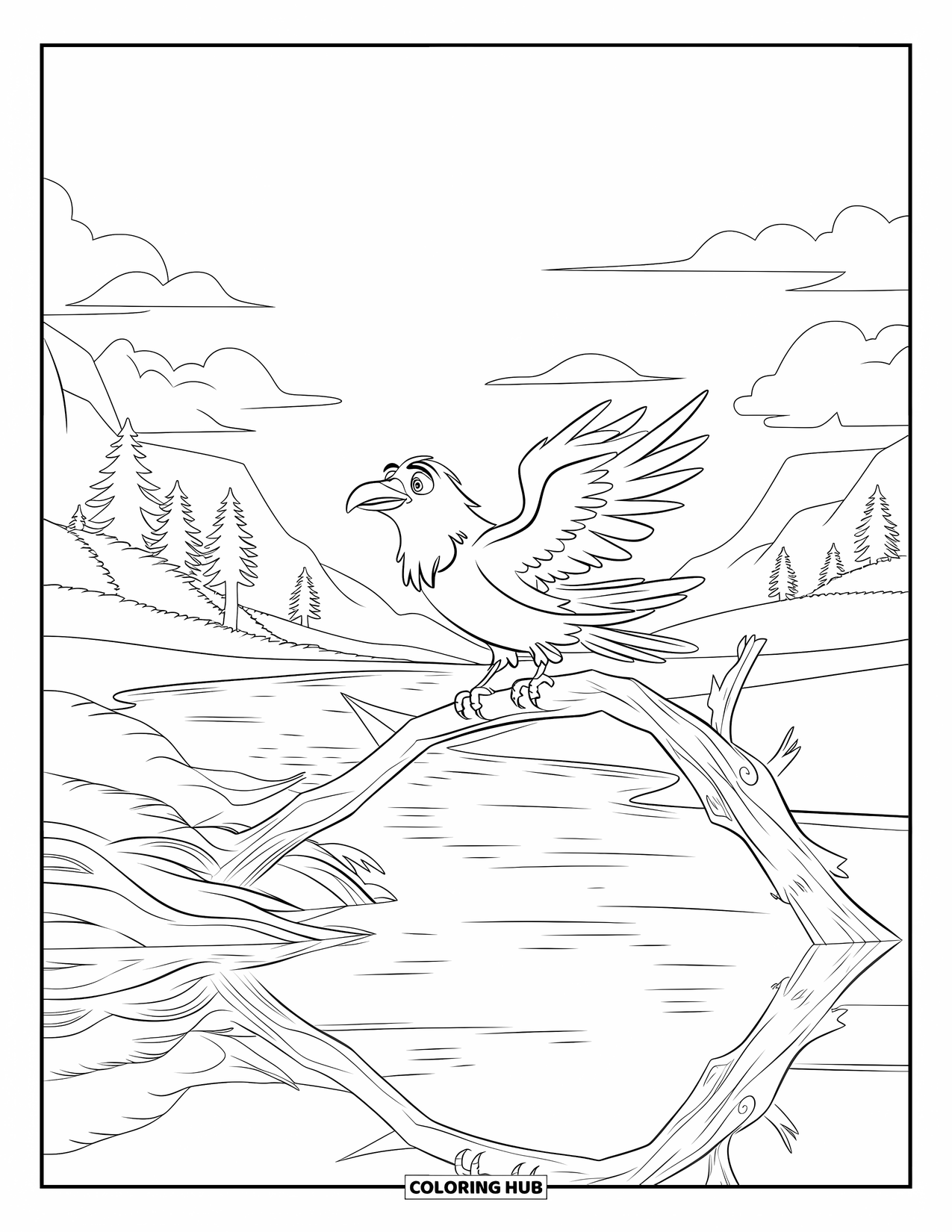 Raven Coloring Page for Kids: A raven spreads its wings above a river, reflected in the water below