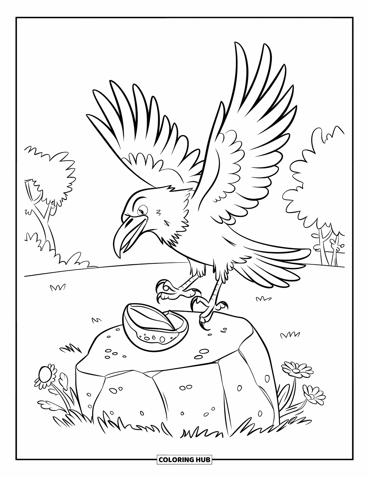 Raven Coloring Page for Kids: A raven spreads its wings next to a nut on a large rock