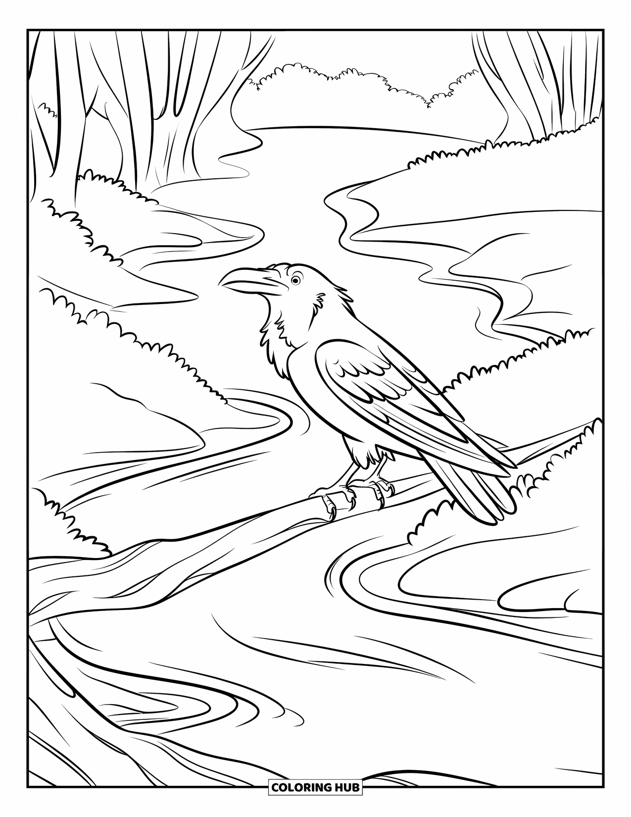 Raven Coloring Page for Kids: A raven watches quietly from a tree limb over a winding river