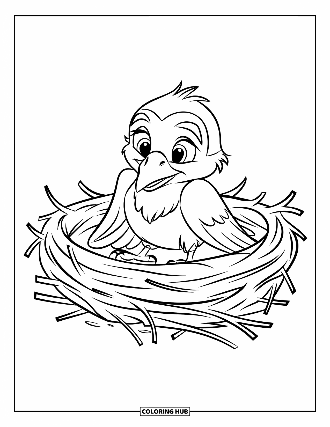 Raven Coloring Page for Kids: A tiny raven relaxes in a twig nest on a tree branch
