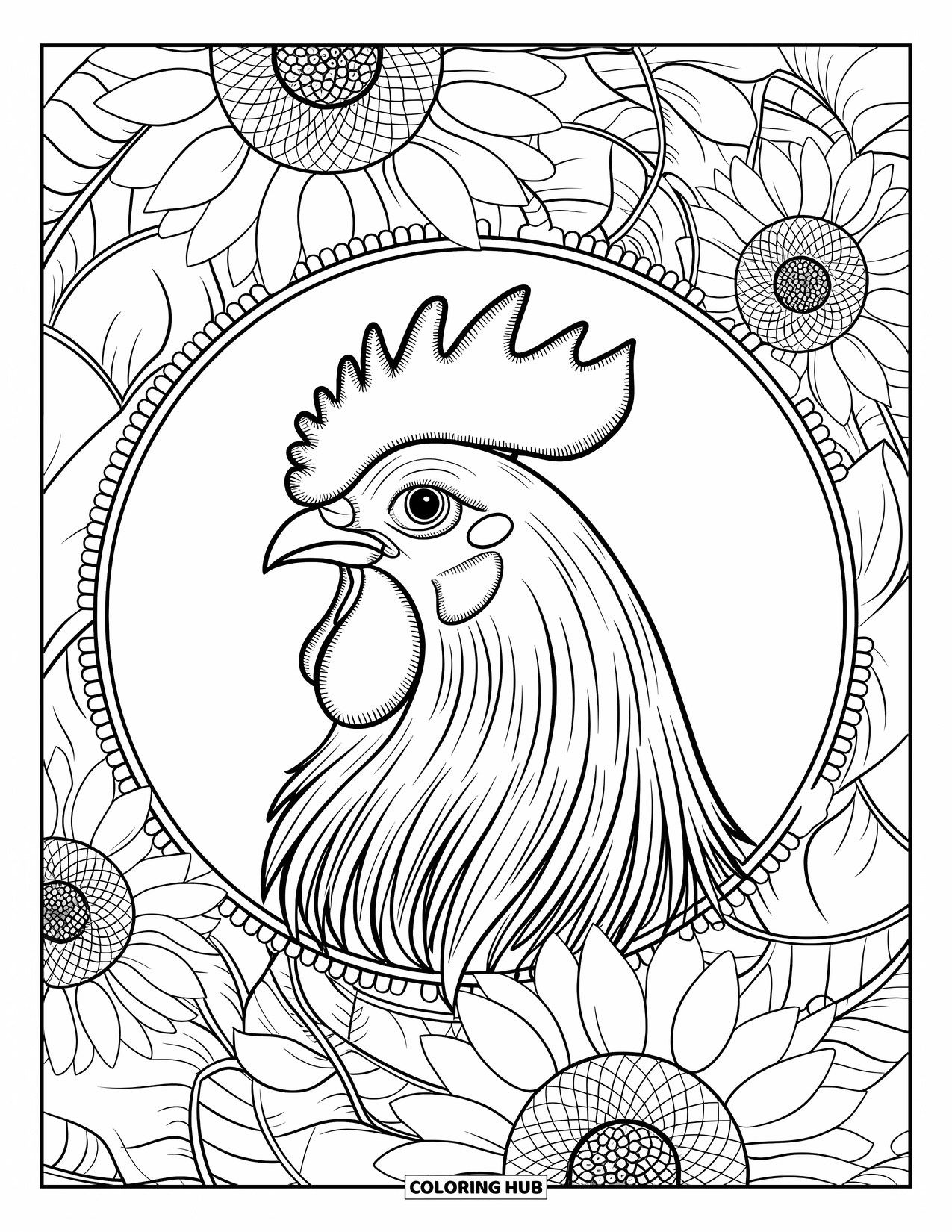 Rooster Coloring Page for Adults: Crowned rooster stands in a sunflower mandala with a bold outline