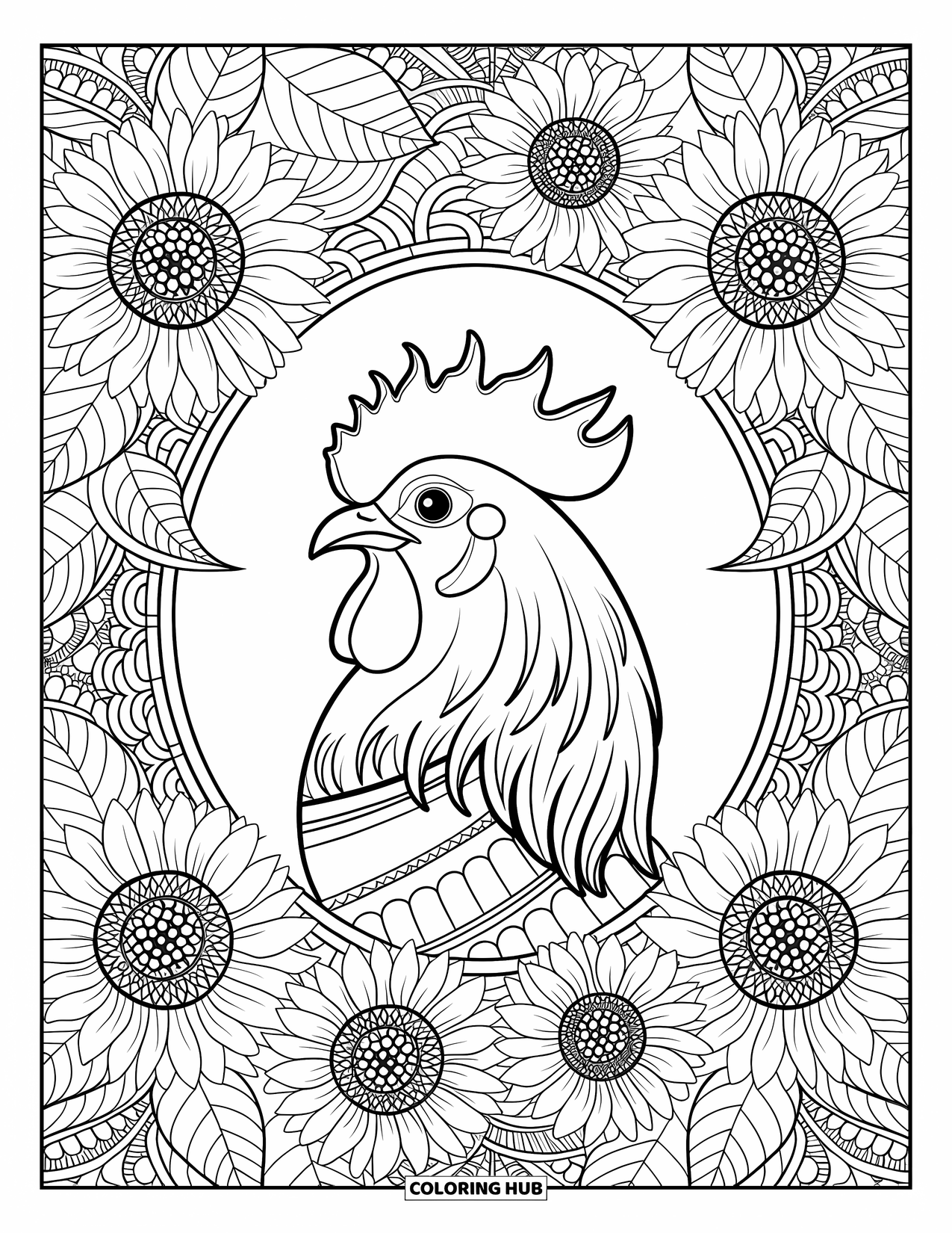 Rooster Coloring Page for Adults: Crowned rooster with a tie framed by detailed sunflowers and leaves