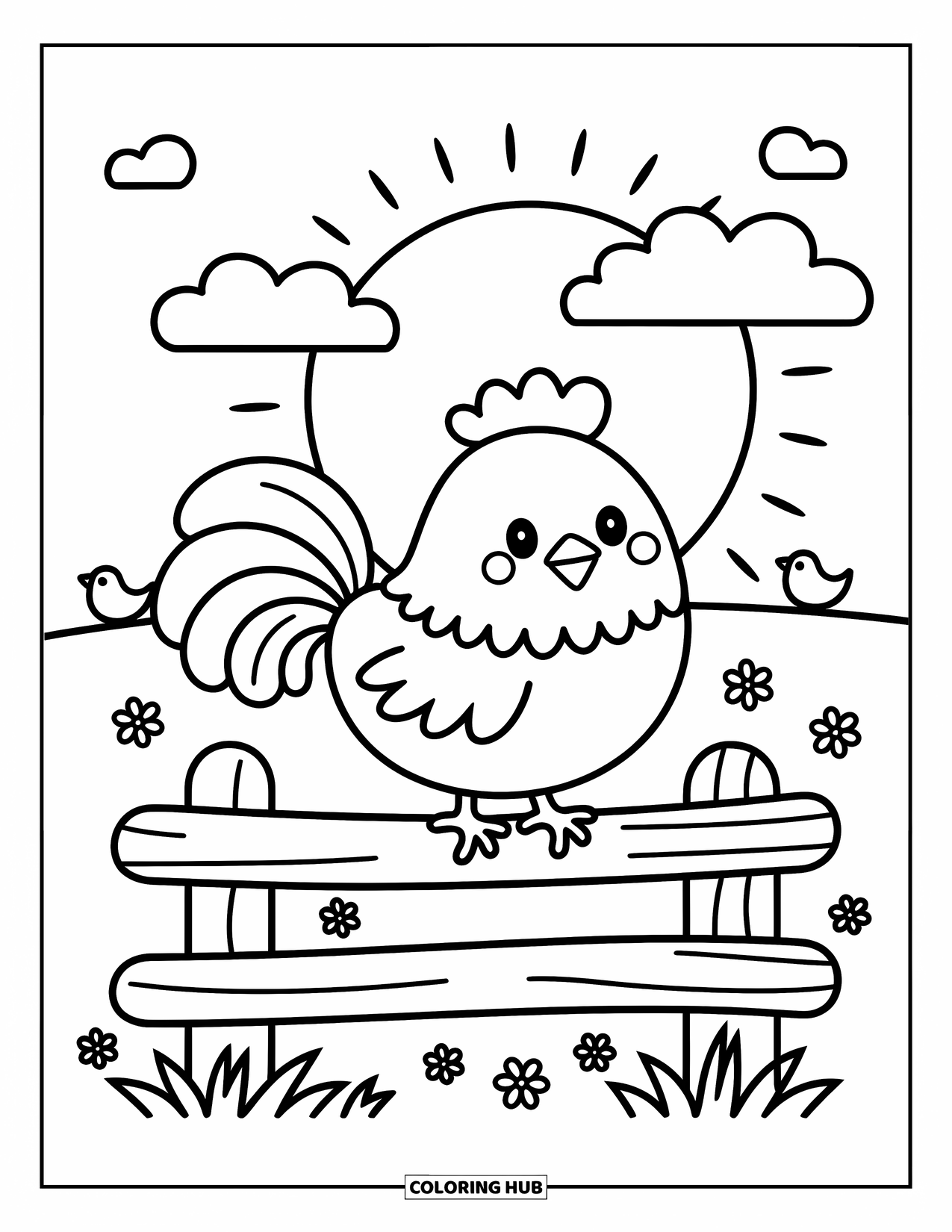 Rooster Coloring Page for Adults: Cute rooster sits on a wooden fence as birds peek out and clouds float by
