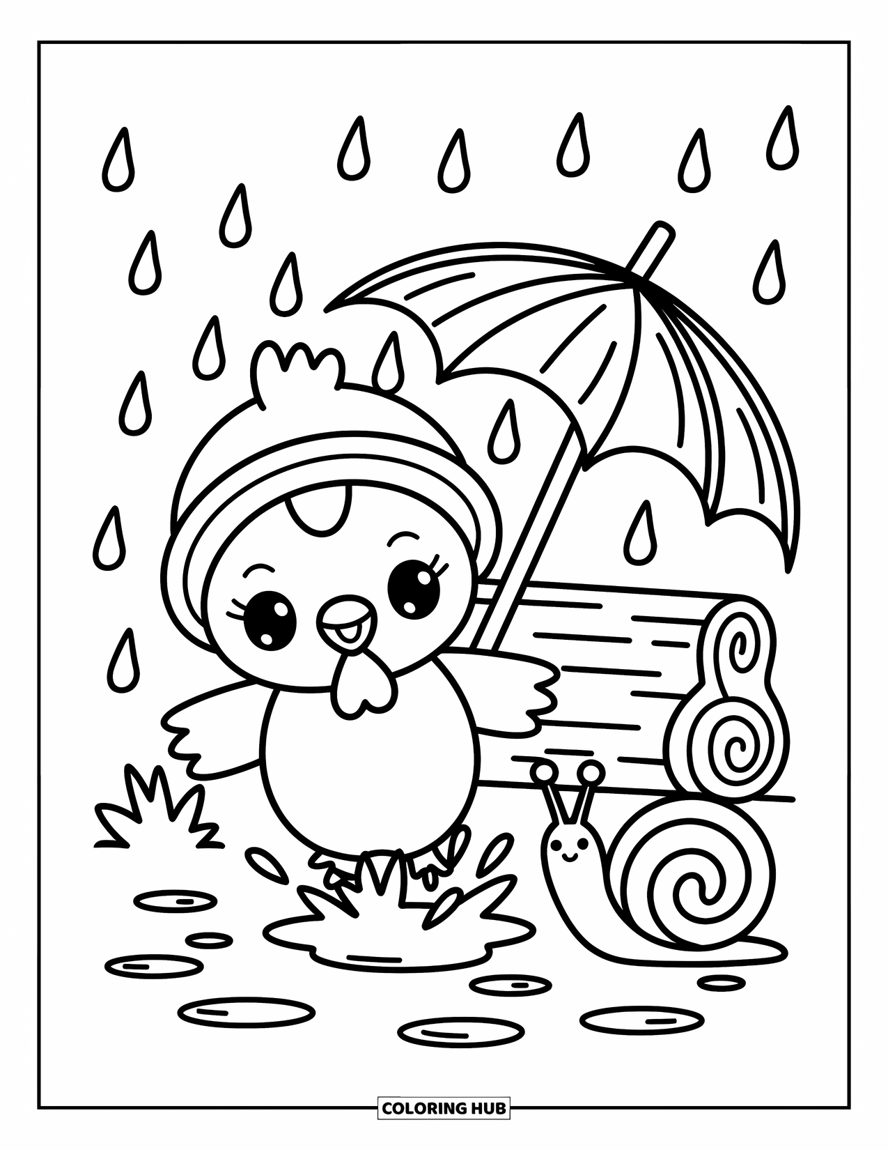 Rooster Coloring Page for Adults: Happy rooster splashes in tiny puddles with raindrops, a snail, and a leafy umbrella