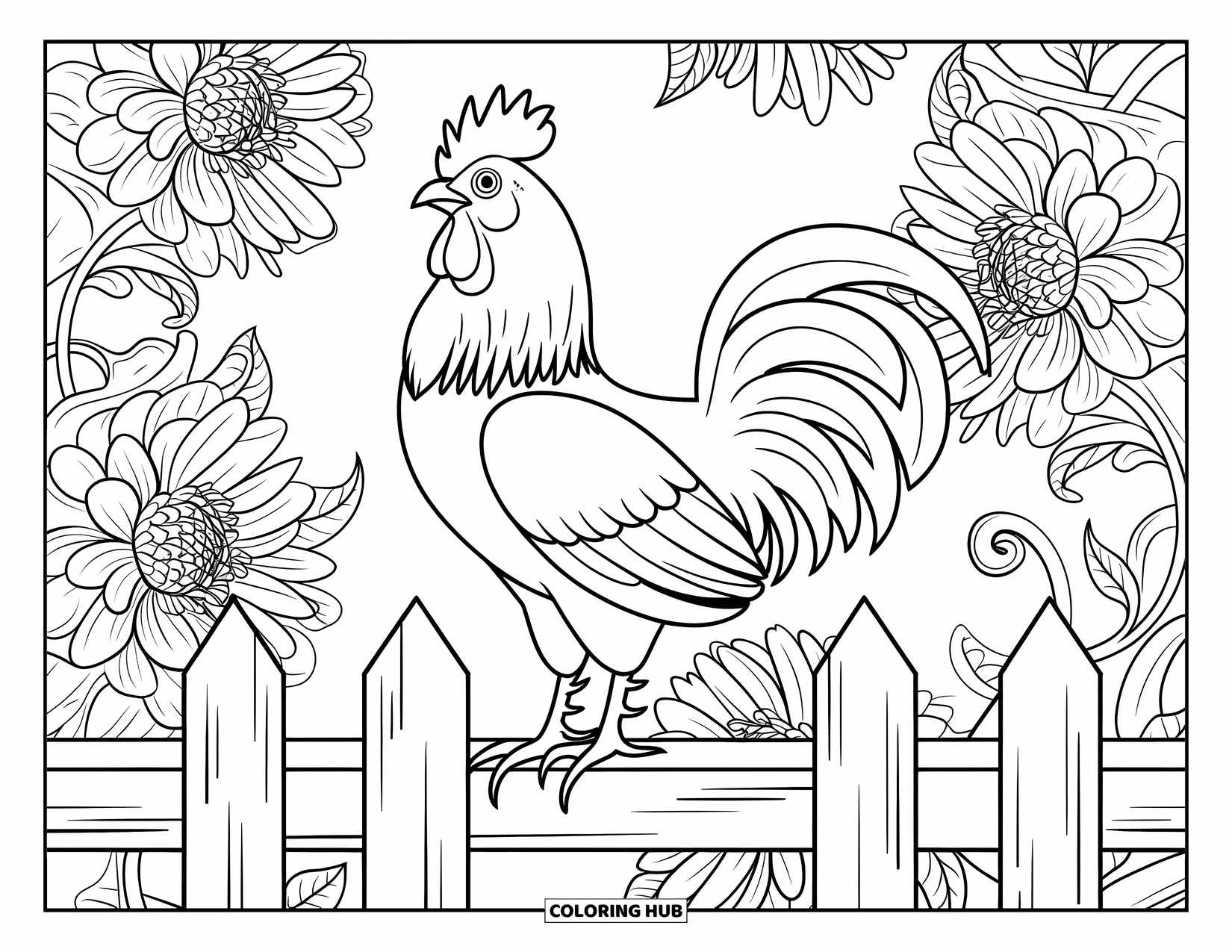 Rooster Coloring Page for Adults: Perched rooster sits on a weathered fence with dahlias blooming all around