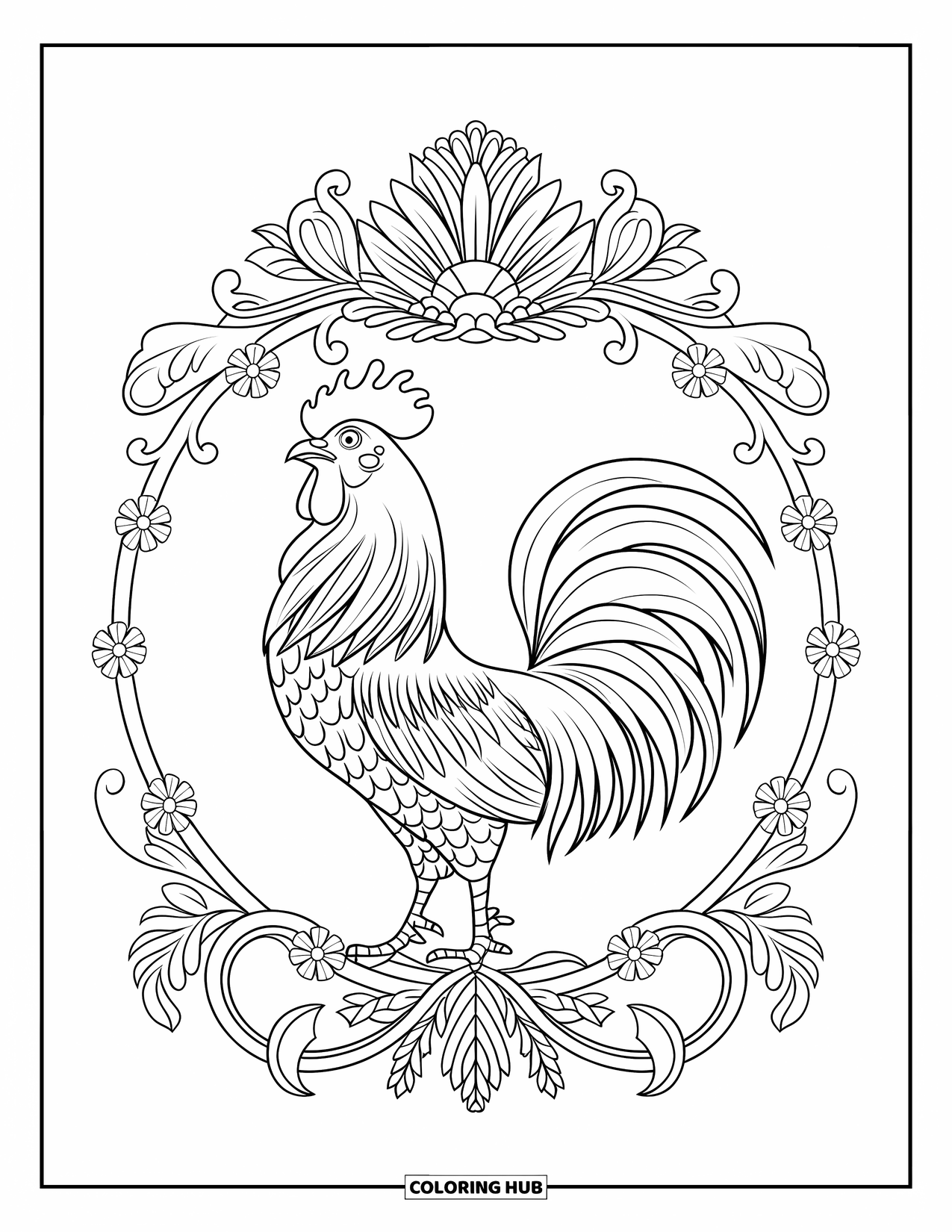 Rooster Coloring Page for Adults: Rooster crows within a floral circle filled with curling leaves