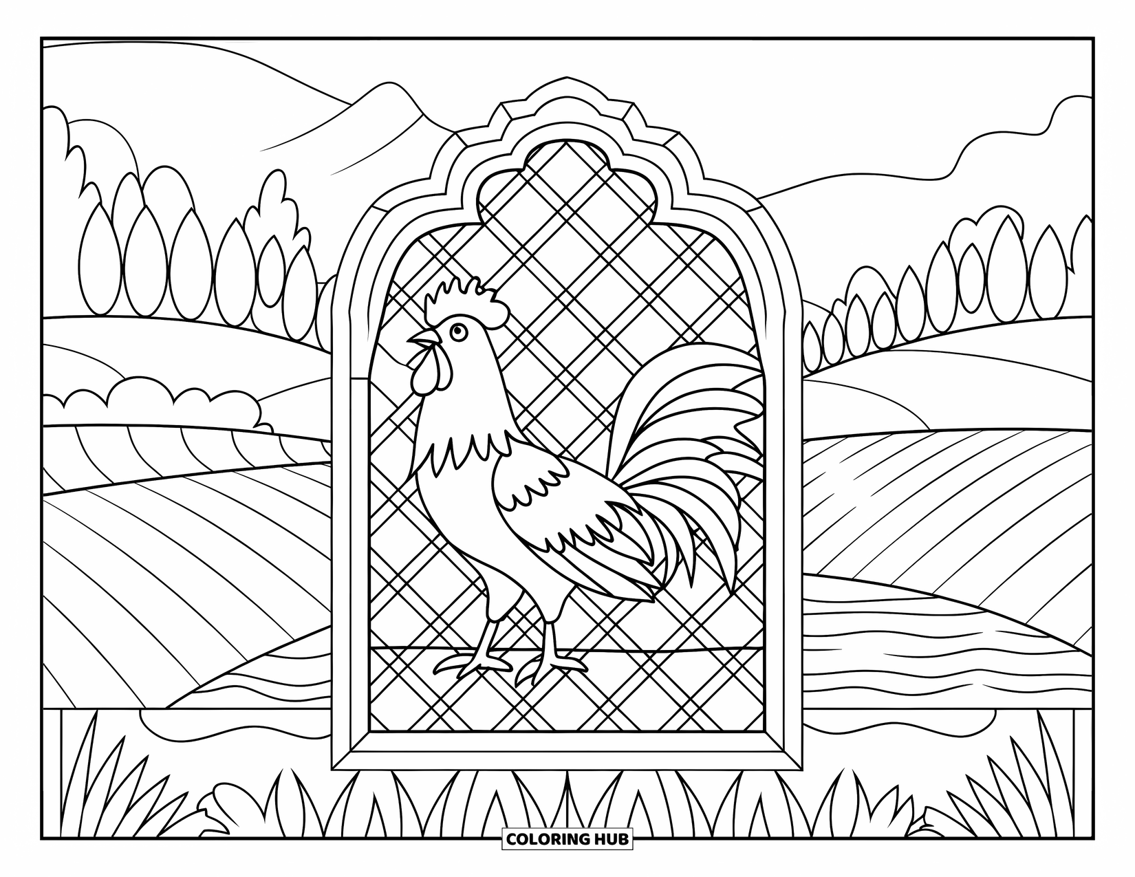 Rooster Coloring Page for Adults: Rooster inside a farmhouse-style window surrounded by patterned glass and hills