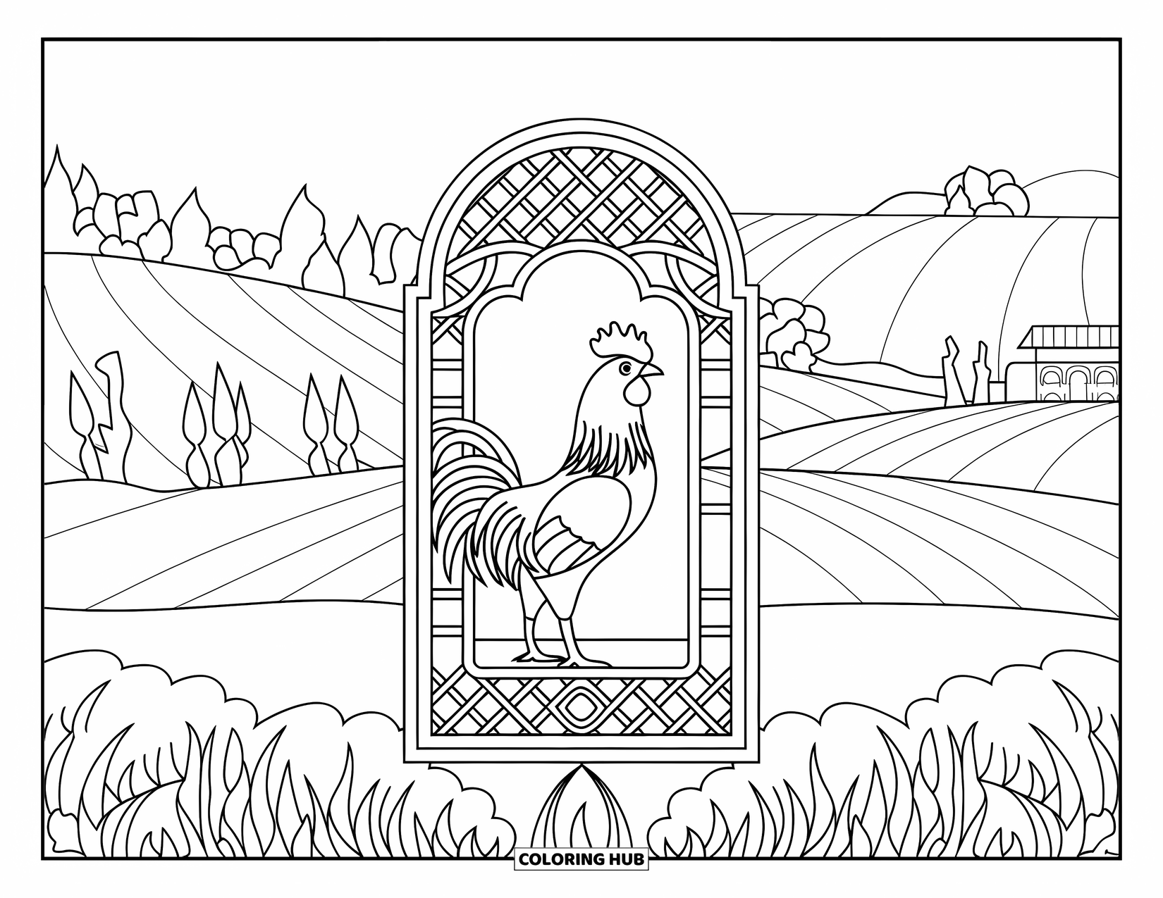 Rooster Coloring Page for Adults: Rooster inside a farmhouse window framed with lattice and peaceful countryside