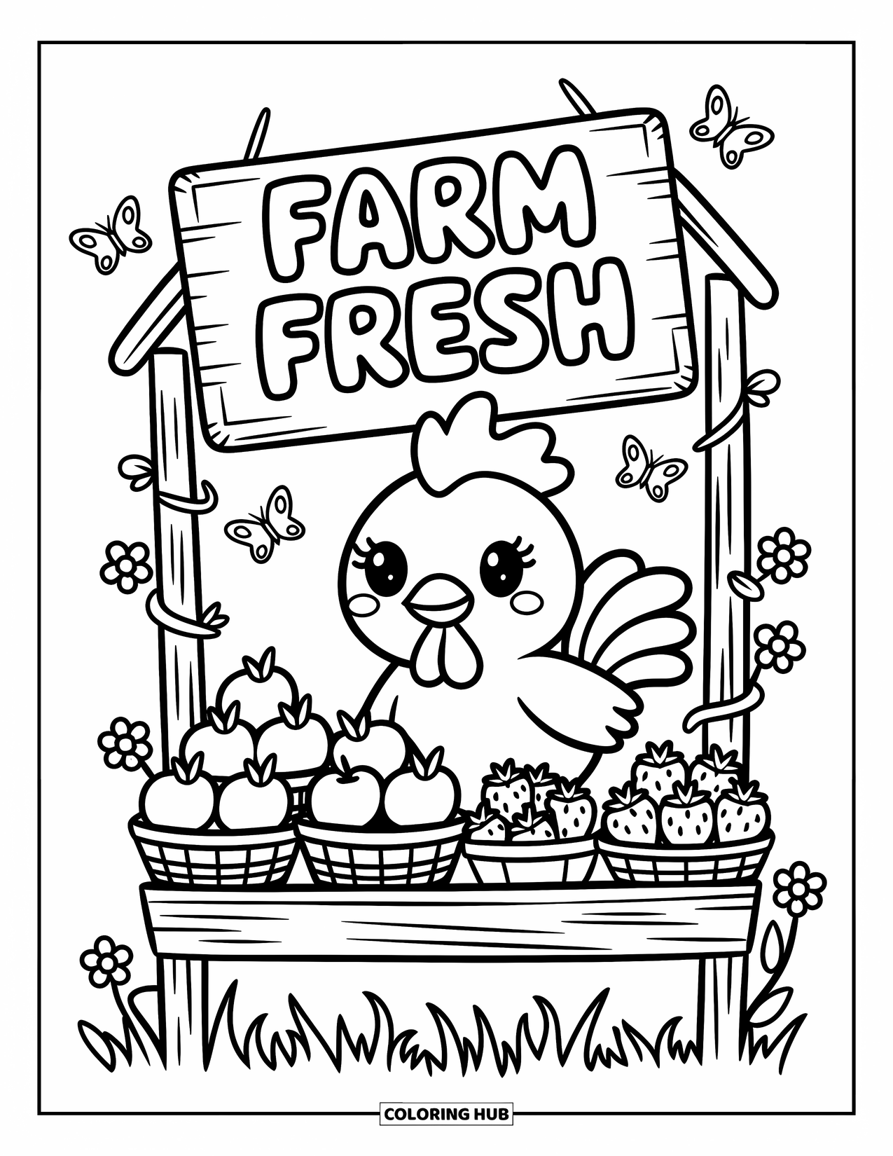 Rooster Coloring Page for Adults: Rooster manages a small fruit stand with butterflies above and flower vines around