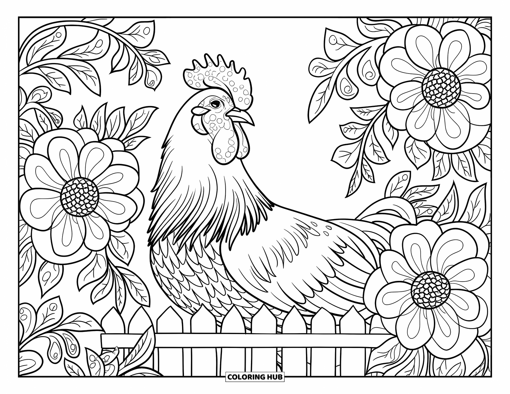 Rooster Coloring Page for Adults: Rooster on a fence framed by swirling dahlias and leafy floral patterns