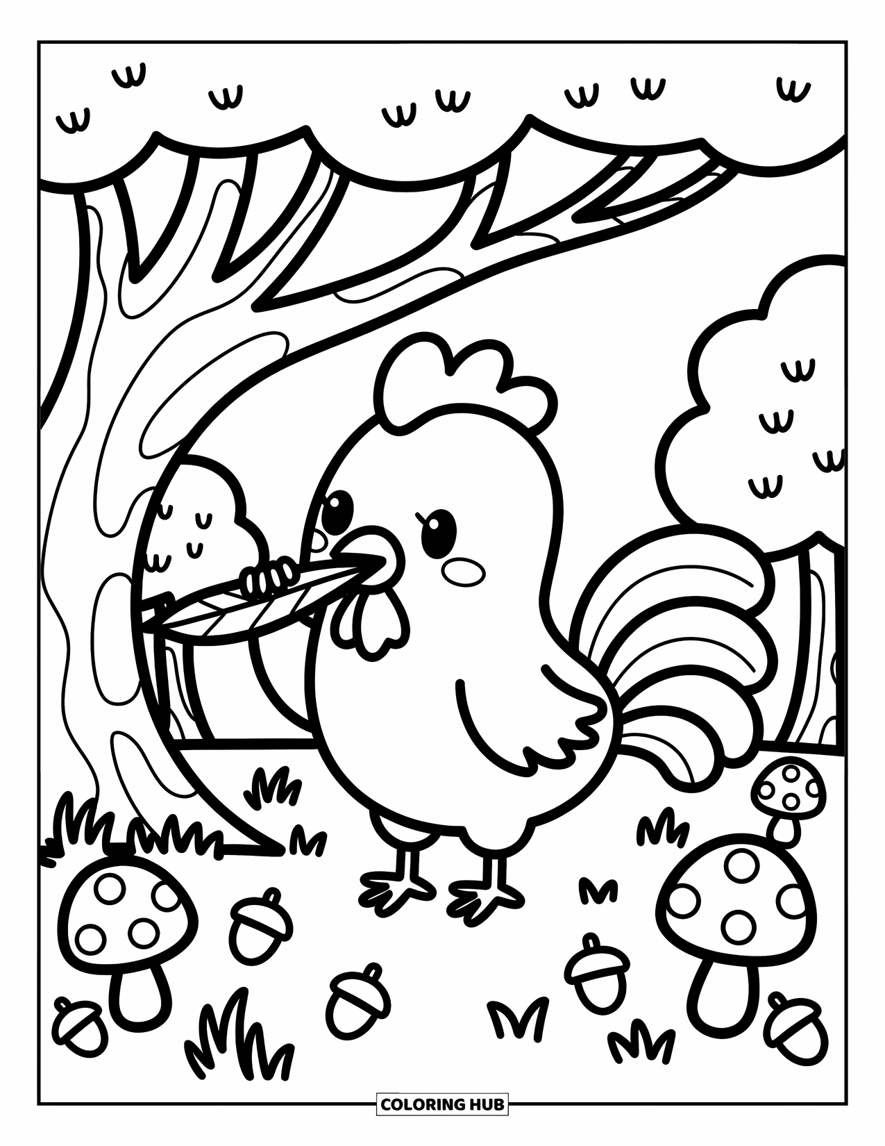 Rooster Coloring Page for Adults: Rooster plays a leaf flute under a tree with mushrooms and acorns around