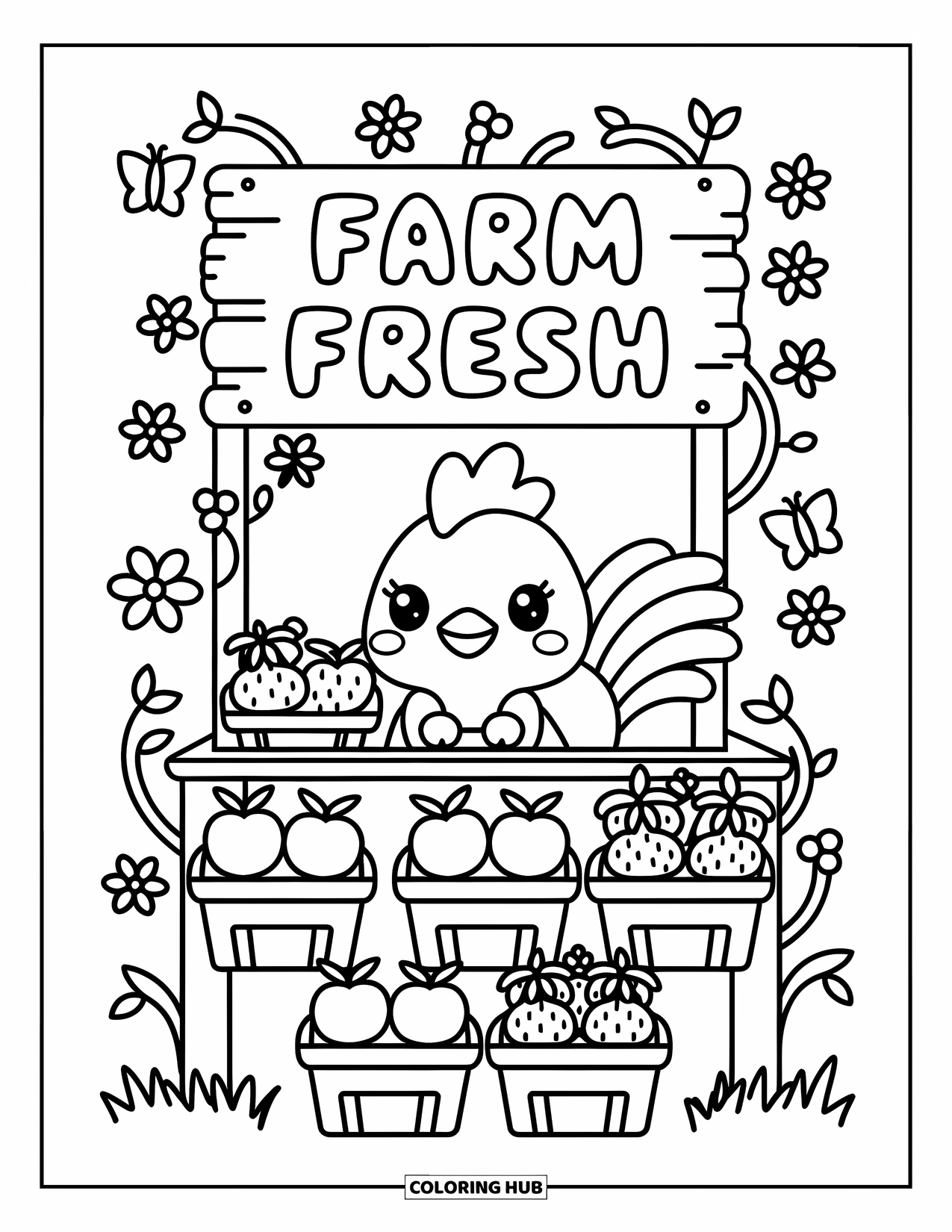 Rooster Coloring Page for Adults: Rooster runs a mini stand with apples, carrots, and strawberries under a "Farm Fresh" sign