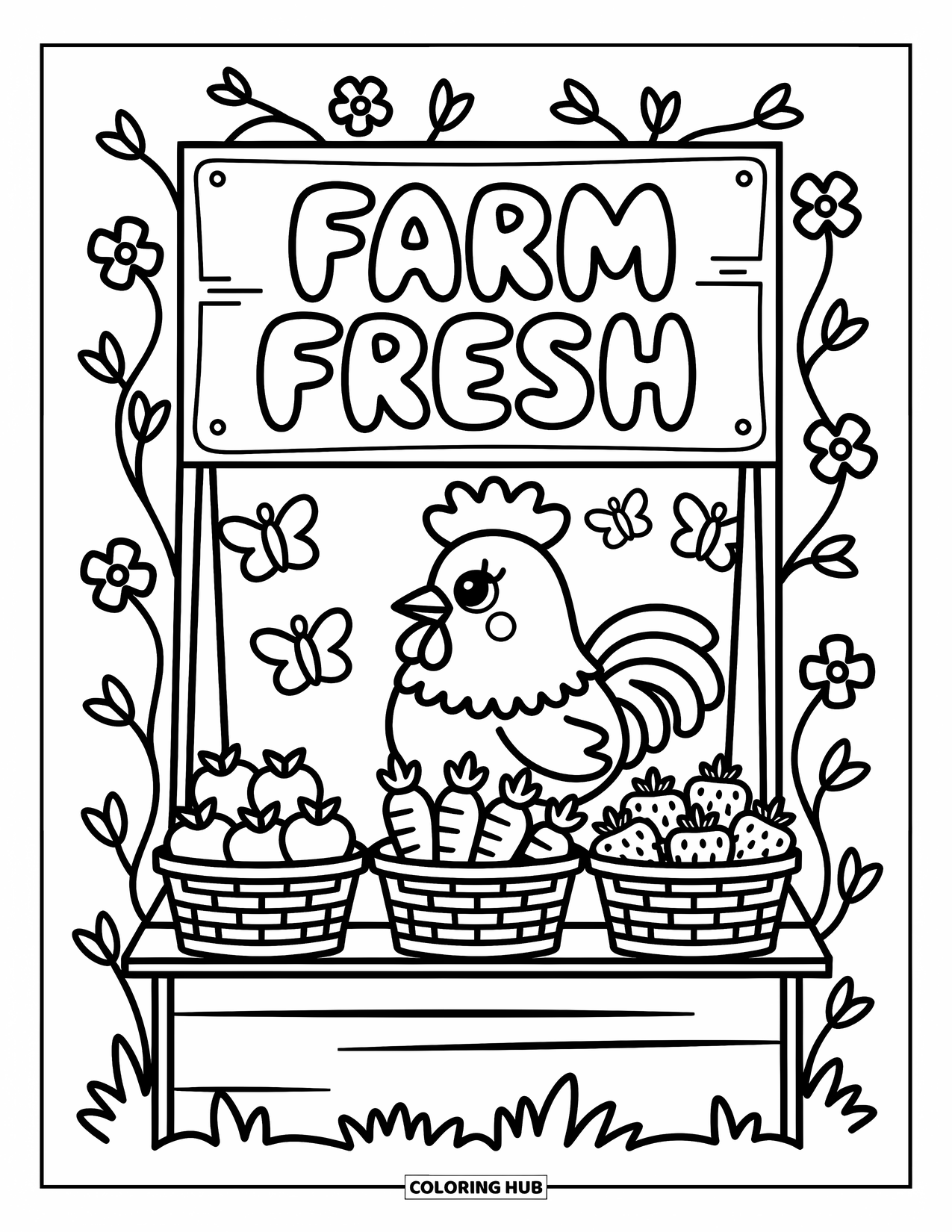 Rooster Coloring Page for Adults: Rooster sells fruits and veggies at a tiny stall with flower vines and butterflies