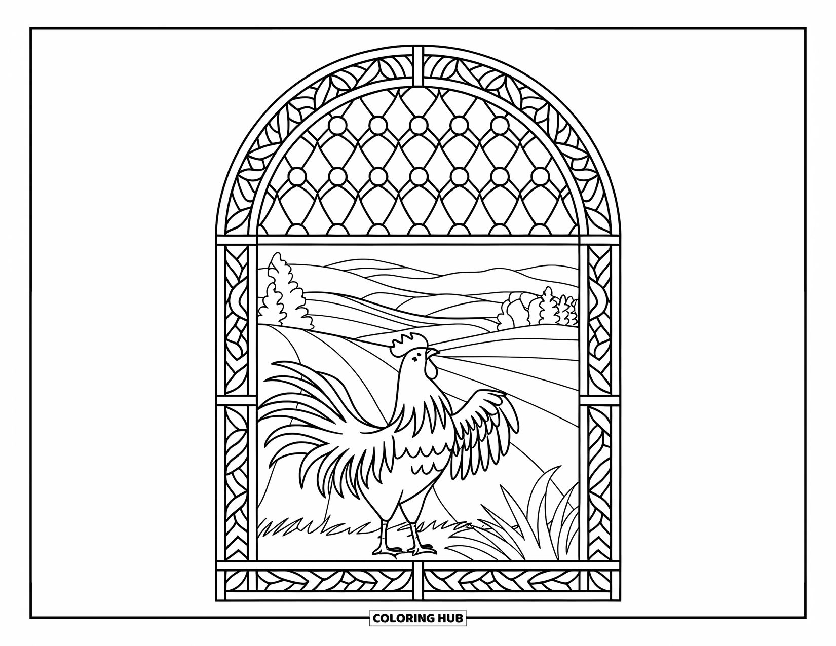 Rooster Coloring Page for Adults: Rooster spreads its wings inside a stained-glass window with a scenic view