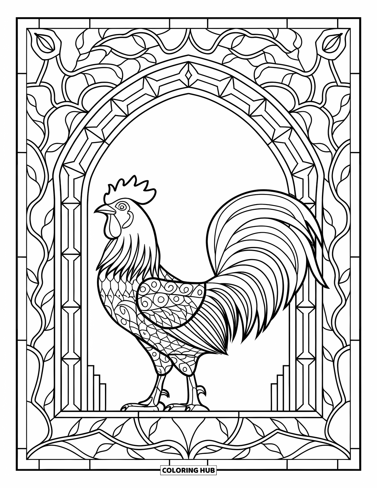 Rooster Coloring Page for Adults: Rooster stands tall within stained-glass panels and leafy vine patterns