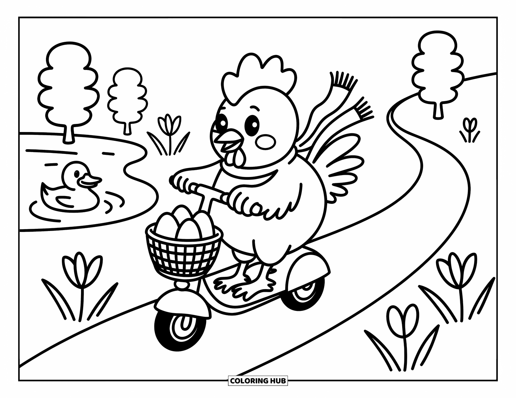 Rooster Coloring Page for Adults: Rooster zips past flowers and trees on a scooter with eggs in its basket