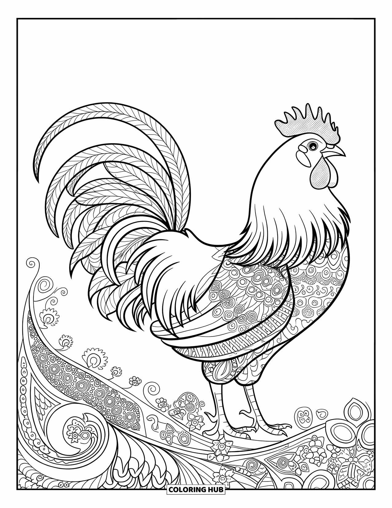 Rooster Coloring Page for Adults: Rooster's feathers swirl into paisley patterns and vine-like designs