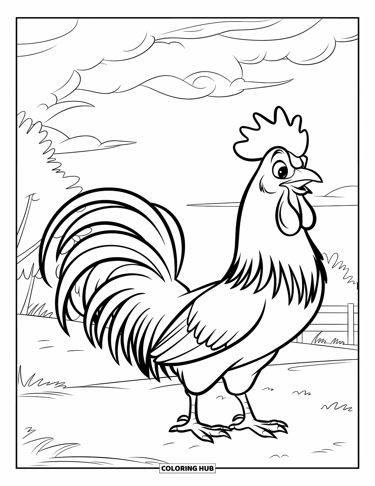 Rooster Coloring Page for Kids: A majestic rooster stands under a partly cloudy sky with trees nearby