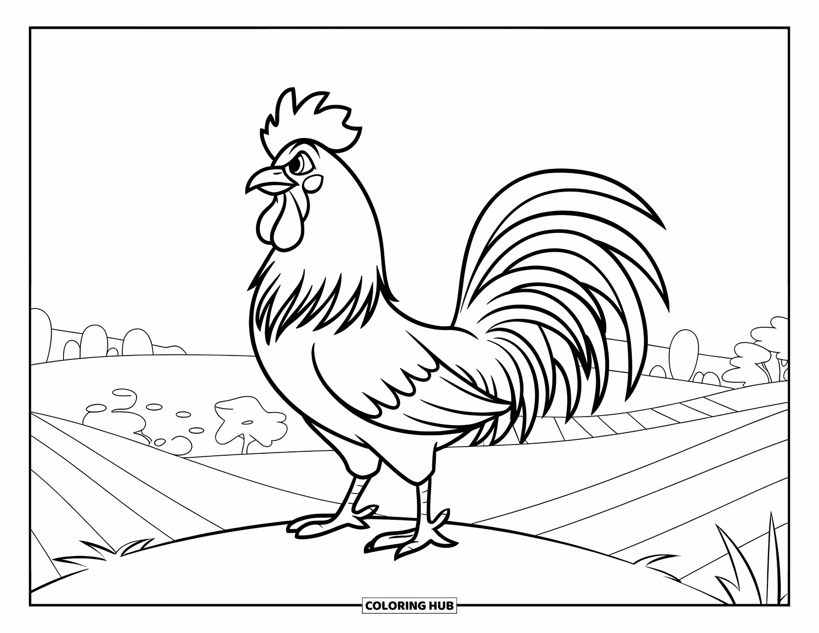 Rooster Coloring Page for Kids: A proud rooster stands on a hill with its tail feathers blowing in the wind