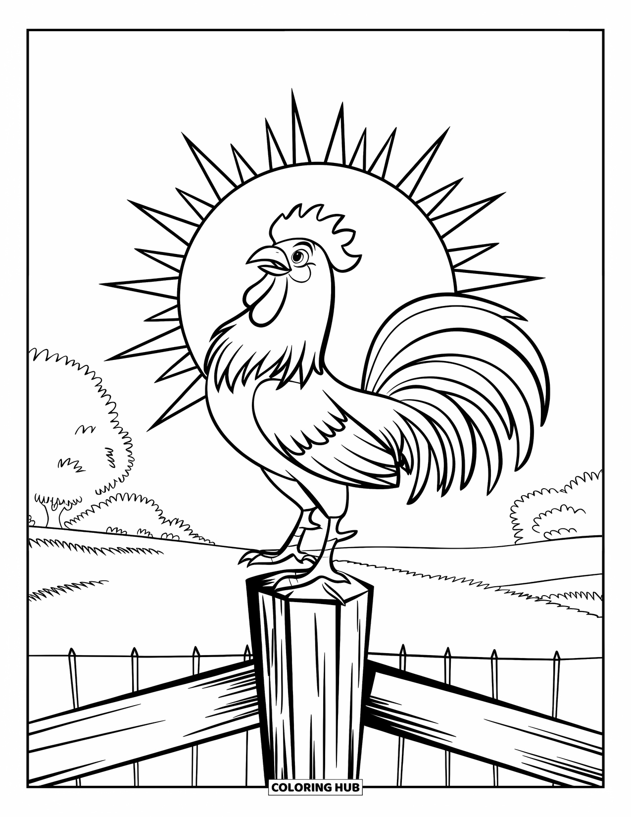 Rooster Coloring Page for Kids: A rooster crows on a high post as the sun shines behind it
