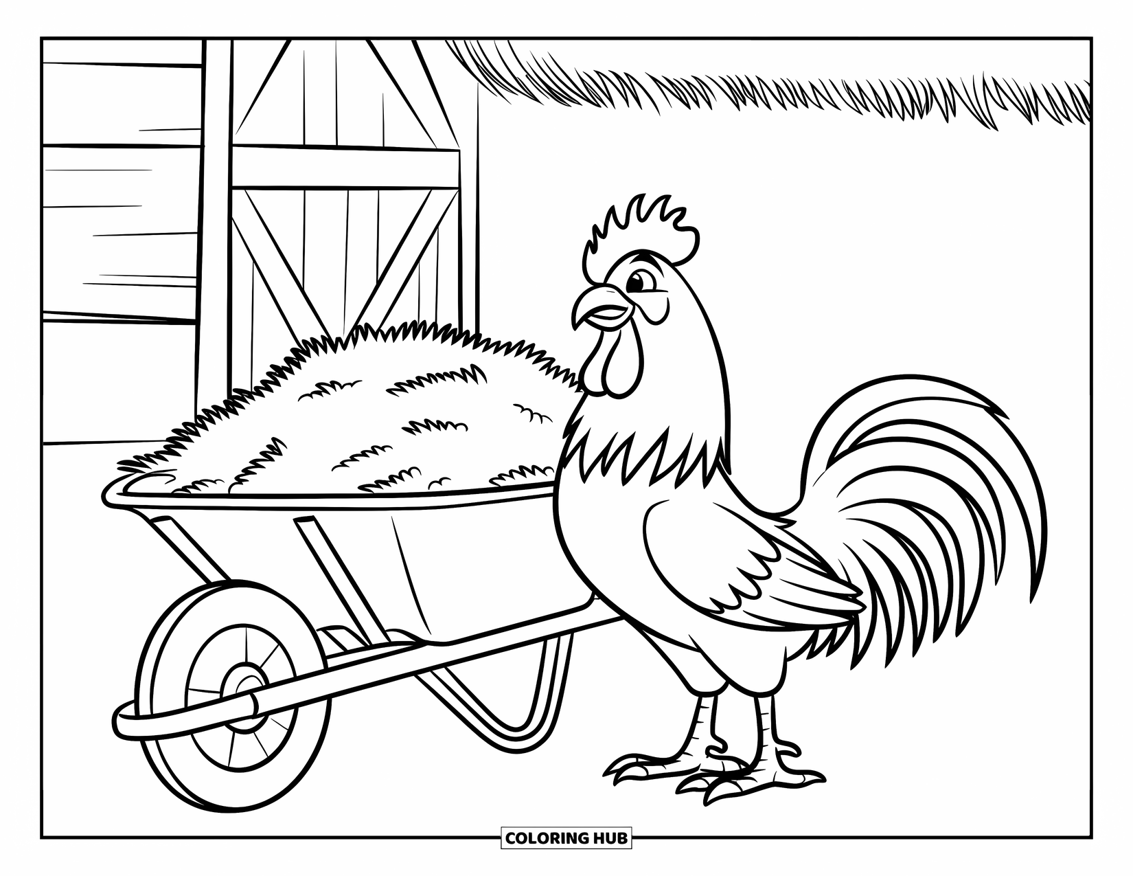 Rooster Coloring Page for Kids: A rooster next to a hay-filled wheelbarrow beside a barn