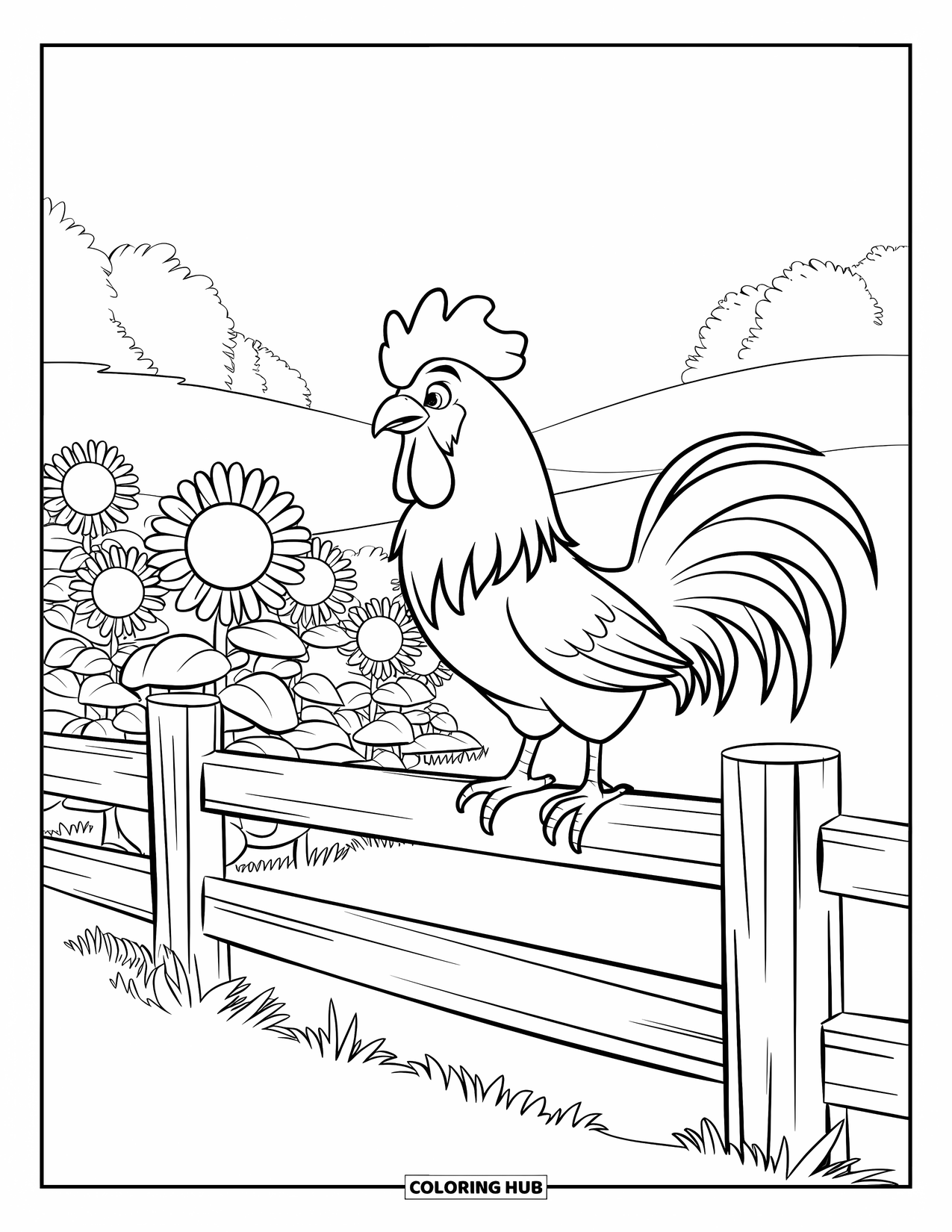 Rooster Coloring Page for Kids: A rooster sits on a fence next to blooming sunflowers