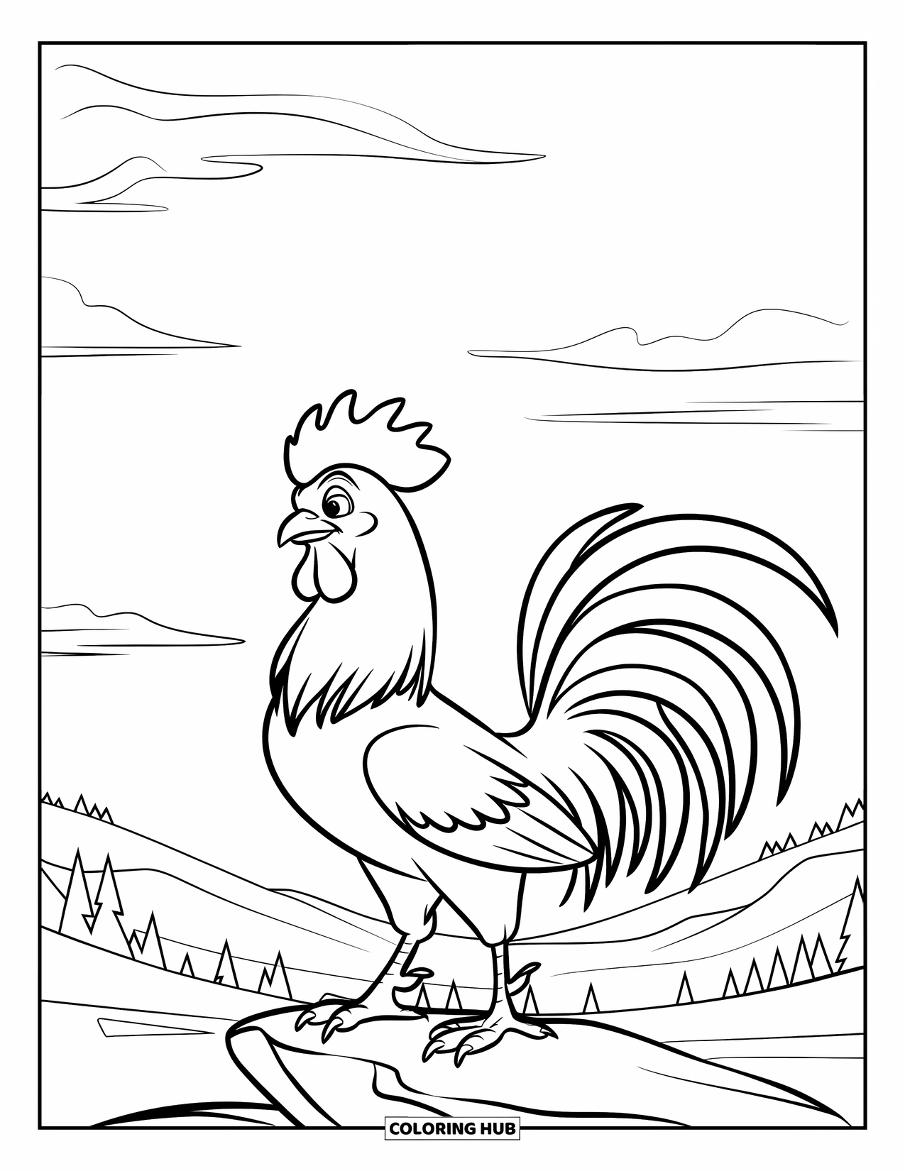 Rooster Coloring Page for Kids: A rooster stands proudly on a rock with hills and trees around