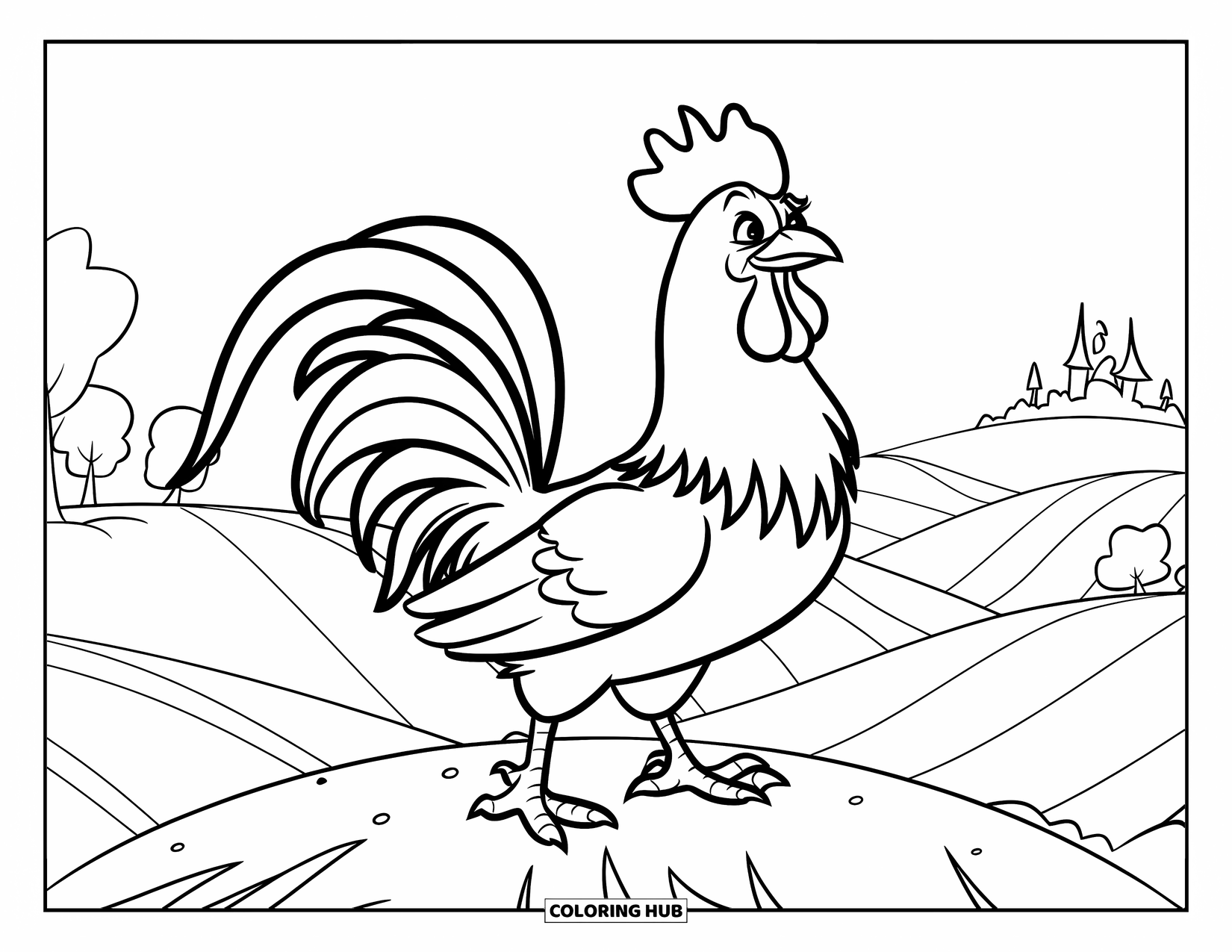 Rooster Coloring Page for Kids: A rooster stands tall on a hill with a castle far in the distance