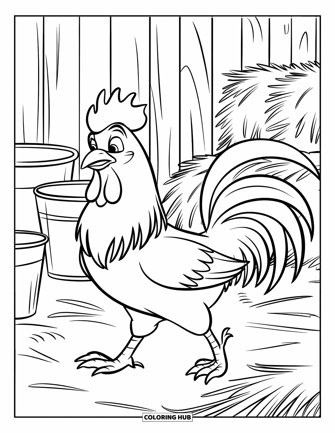 Rooster Coloring Page for Kids: A rooster with a crown walks past hay and buckets in a barnyard