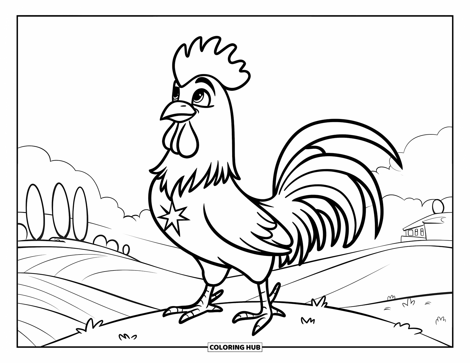 Rooster Coloring Page for Kids: A rooster with a star on its chest stands proudly on a breezy hill
